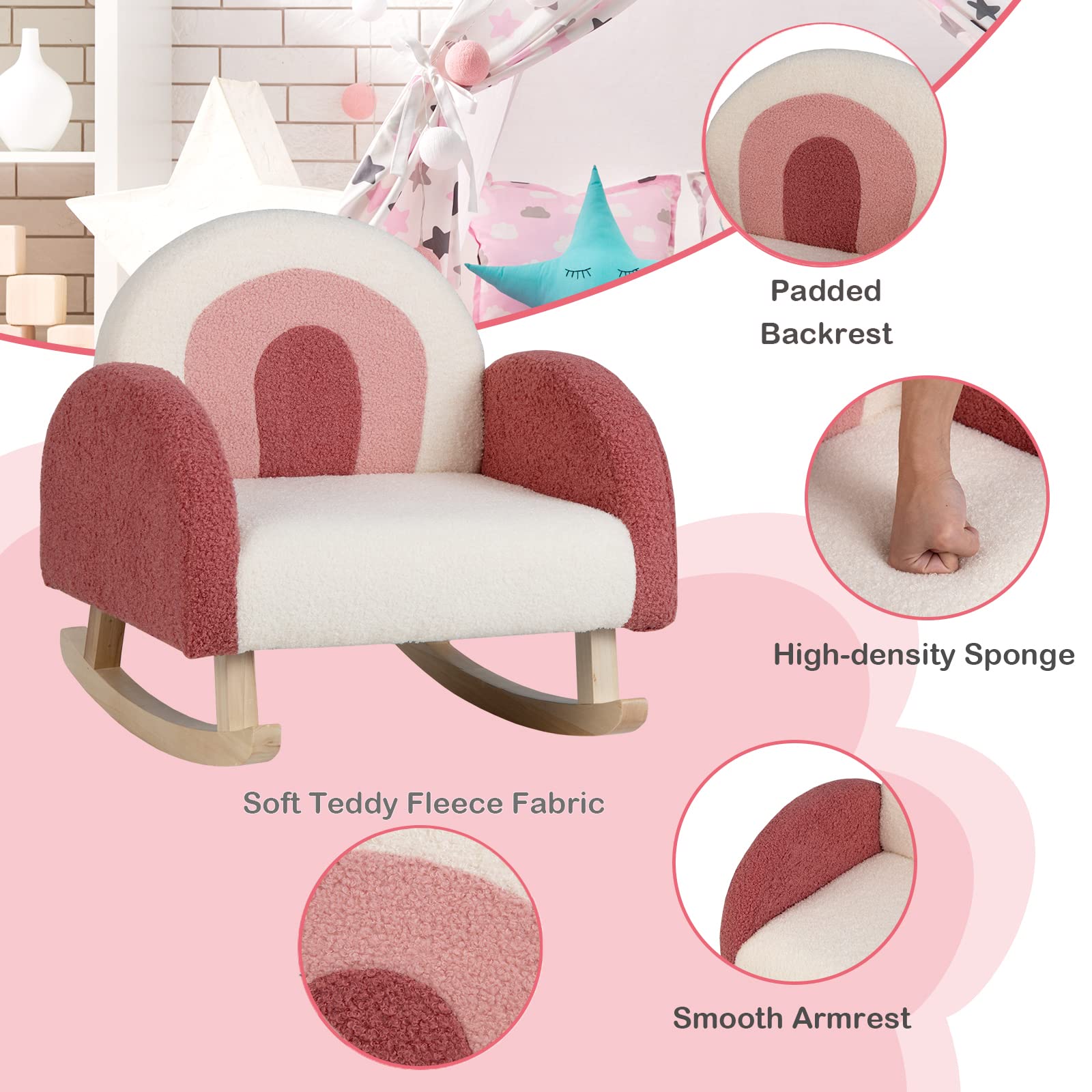 LIFEZEAL Sedia, Poltrona a Dondolo per Bambini 3-5 Anni, con Branccioli, Schienale Ergonomico, Piedini Legno Massello, Imbottito con Spugna, Anticollisione, Cameretta, Max50kg, 50,5x49x50,5cm, Rosso
