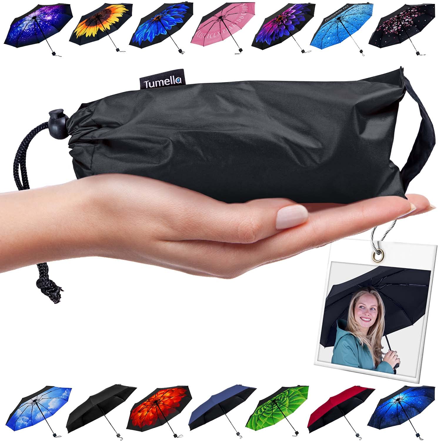 TUMELLA Mini Travel Umbrella, Small, Light & Compact [Premium 8-Rib Sturdy Design], Wind, Water & UV Resistant, Sun&Rain, ...