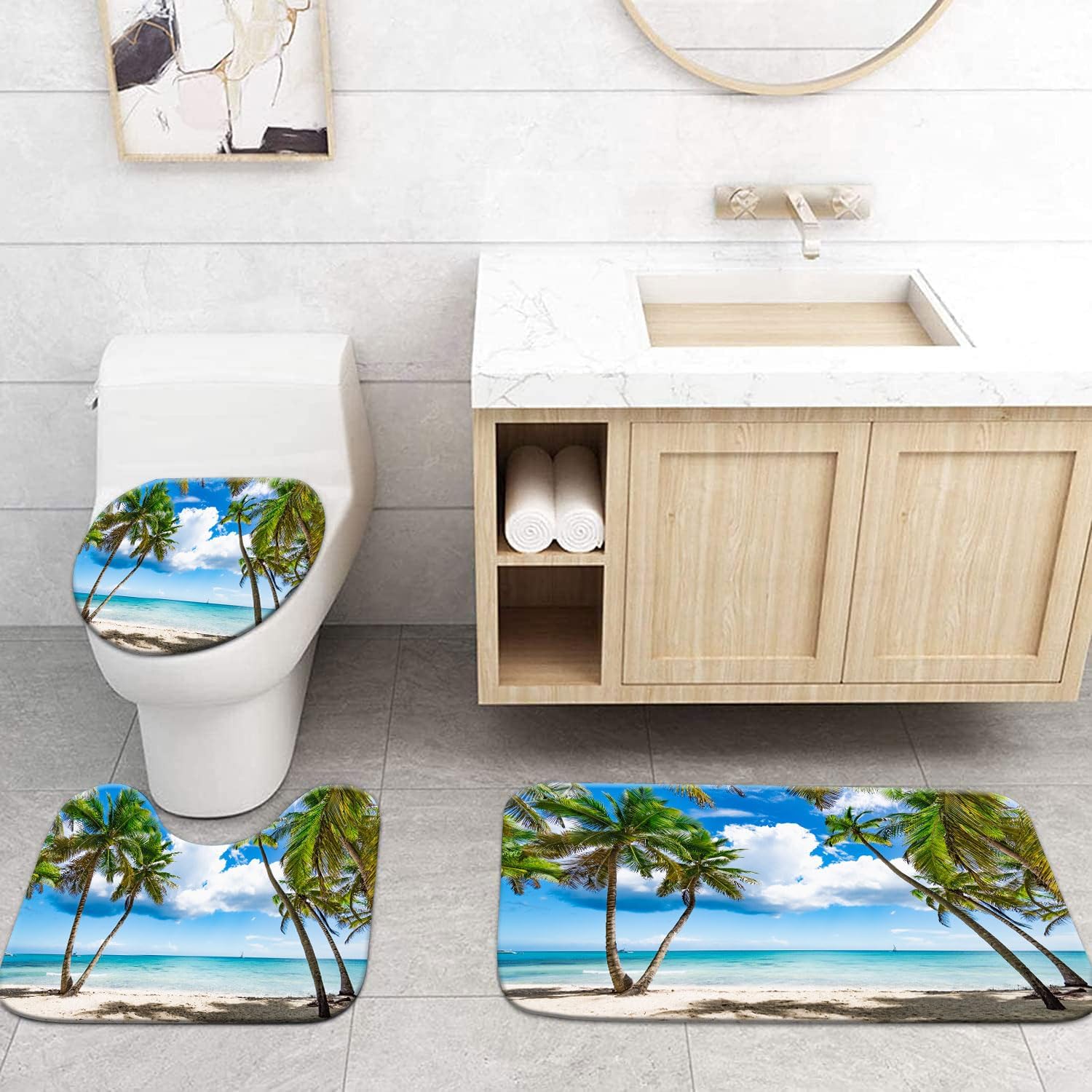 Tropical Palm Tree Shower Curtain Sets With Rugs 4 Piece, Coastal Blue Ocean Shower Curtain Bathroom Decor Waterproof Polyester Fabric Summer Beach Landscape Curtains Toilet Bath Mat Home Decorations