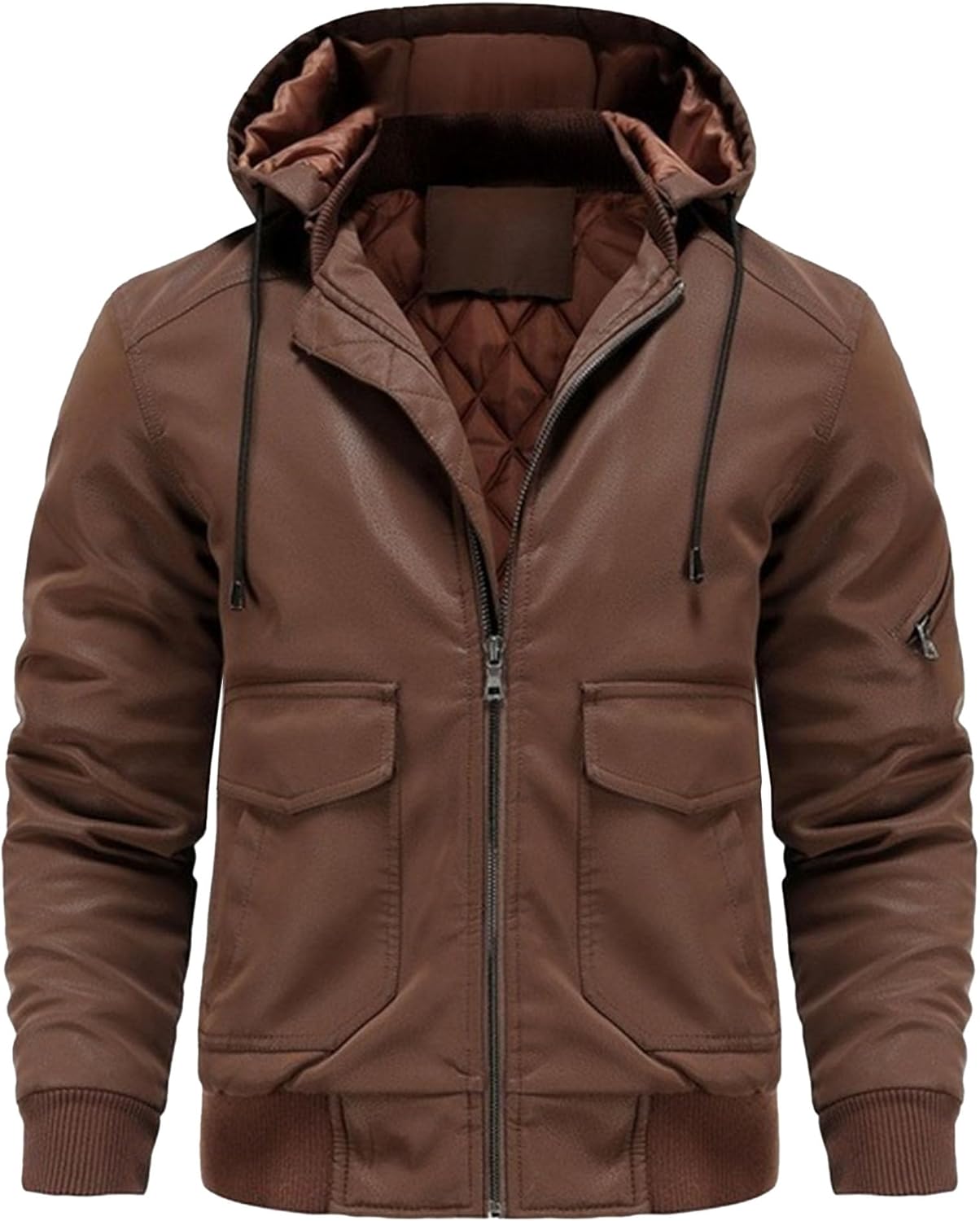 Faux Leather Jacket for Men Vintage Leather Motorcycle Biker Jackets Warm Windproof Zip-Up Hooded Coats Outerwear