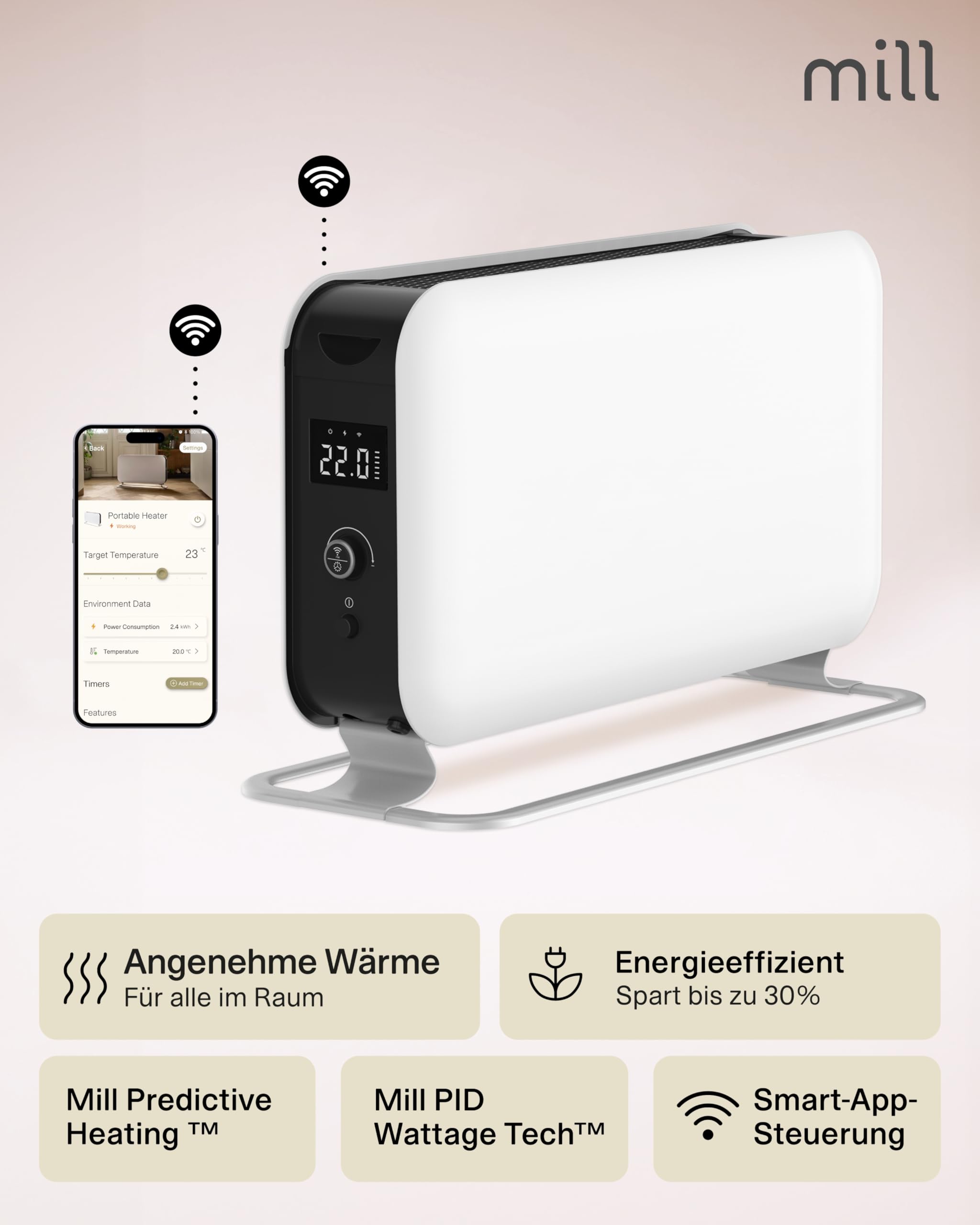 Mill WIFI Max Elektro Heizkörper 1500W, Smarter Badheizkörper elektrisch 18-22m², Elektroheizung energiesparend & freistehend, leise elektrische Heizung, Elektroheizkörper, Electric Heater - Weiß