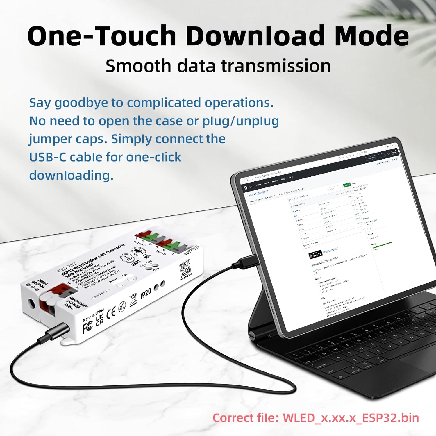 ESP32 WLED LED Strip Controller Mic UART USB Type-C Download Music Sound Dynamic Mode DIY WiFi APP Control for WS2811 WS2812B SK6812 WS2805 RGB IC FCOB Addressable with 16A Fuse