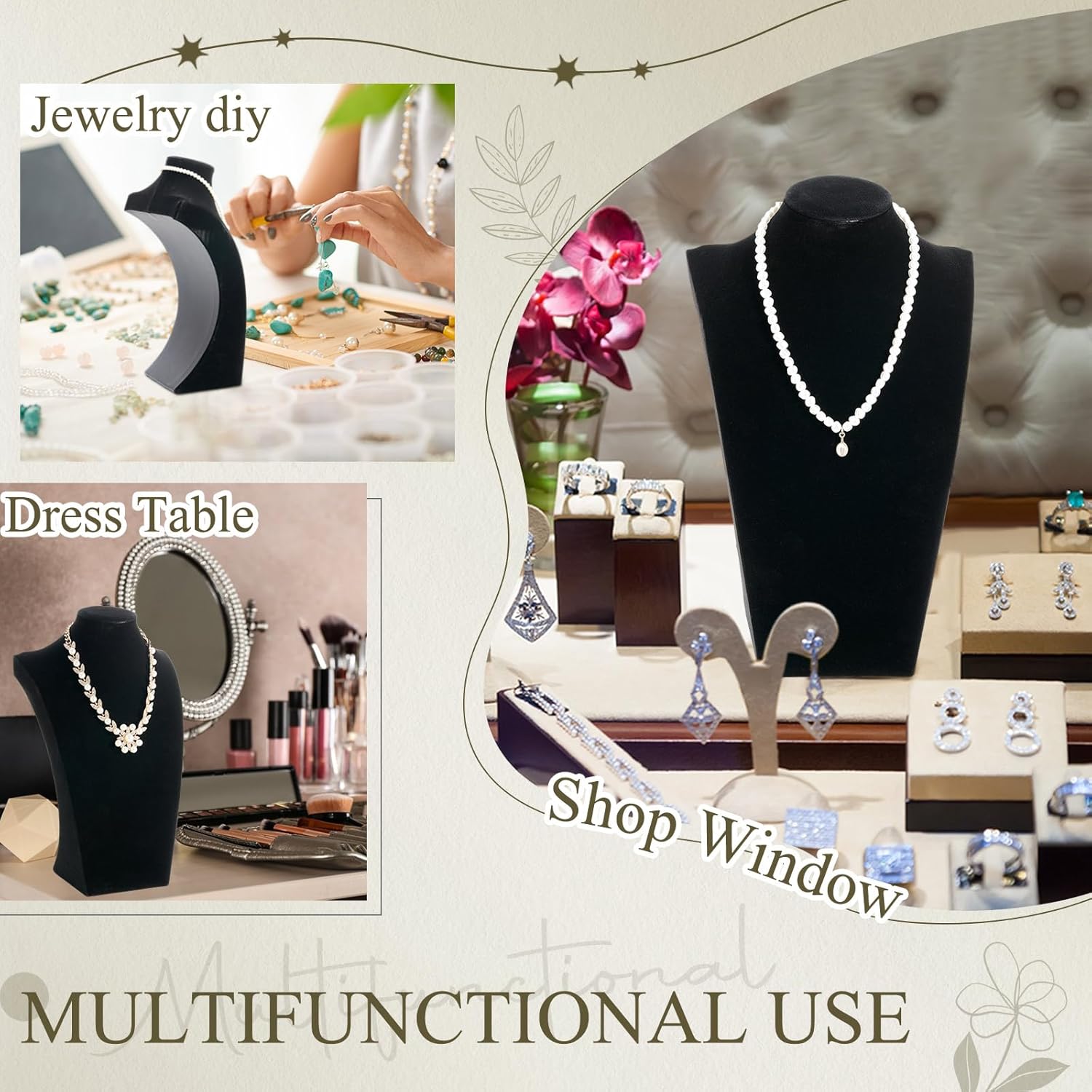 Kigley 3 Pcs Velvet Jewelry Display Bust Necklace Display Stand Necklace Mannequin Holder Stands for Selling Trade Shows Props (Black) - Image 5