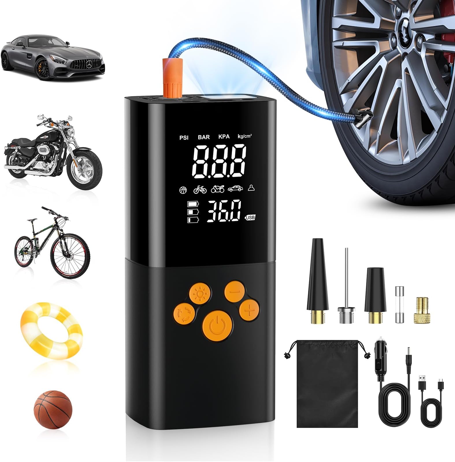 150PSI Portable Air Compressor - 10000mAh Cordless Tyre Inflator, Rechargeable Battery Pump, Mini Air Pump 32L/min for Car, Bike, Ball, Motorcycle