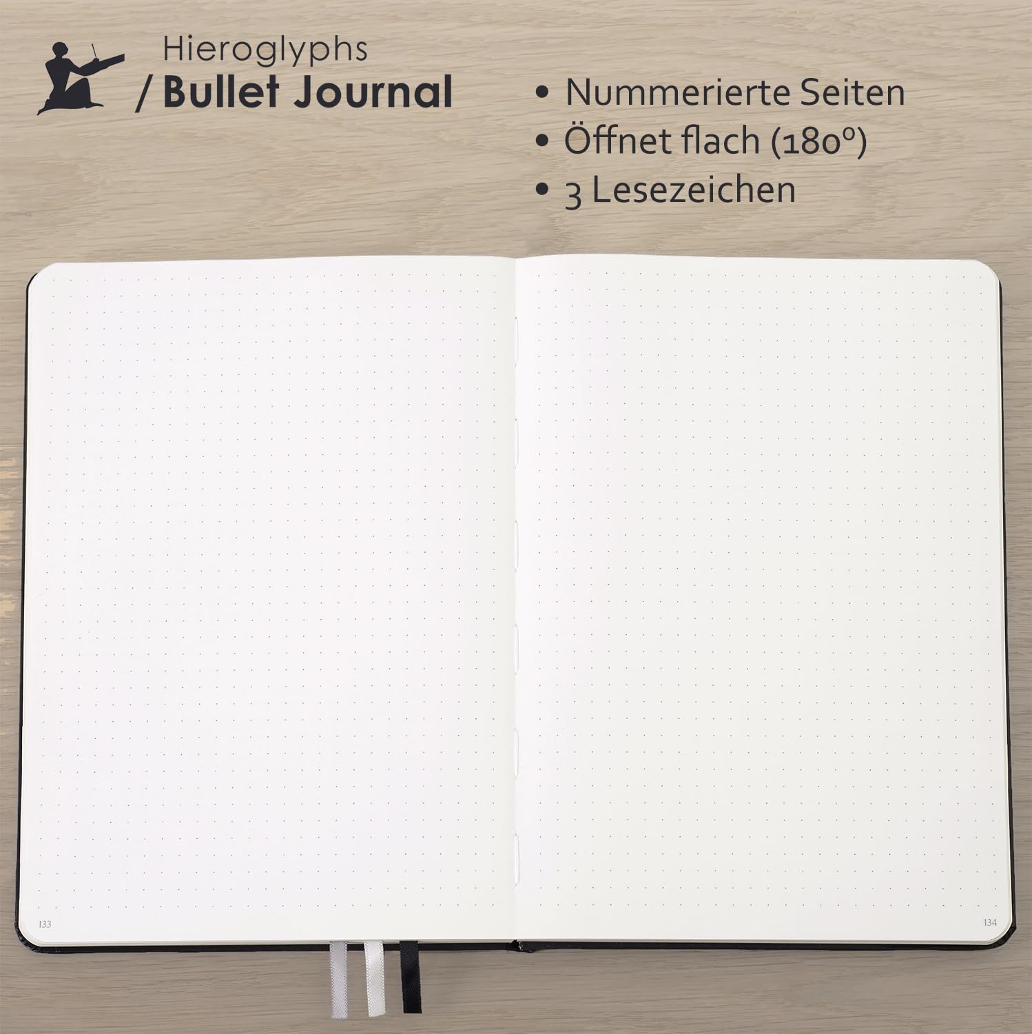 Hieroglyphs Bullet Journal A5 Dotted Hardcover Notebook with 192 Numbered Pages, 100 g/m² Paper, 3 Bookmarks, Elastic Closure and Instructions in German, Vermilion Red