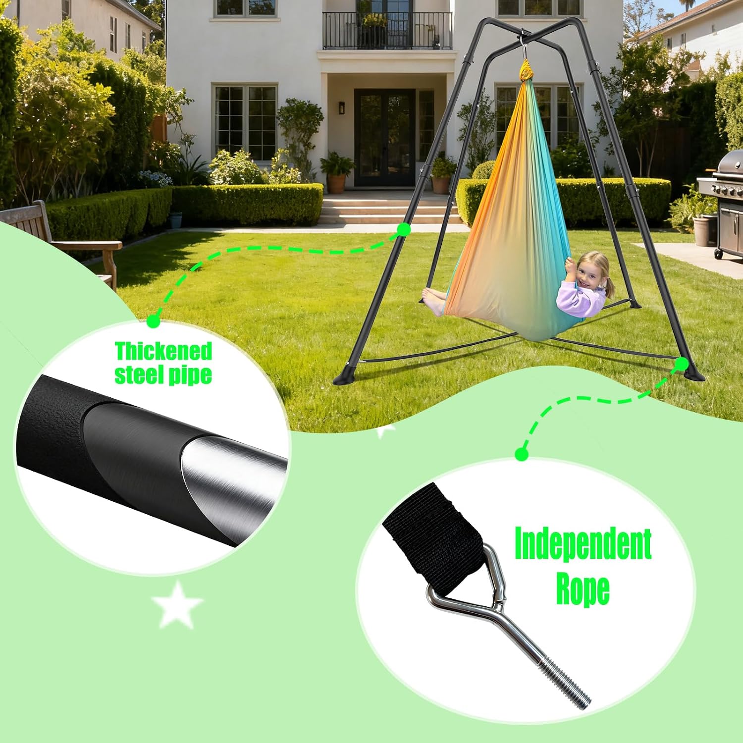 Swing Stand Frame with Sensory Pod Swings and Chair,X-Shaped Swing Set，Heavy-Duty Metal Hammock Chair Stand, Indoor Outdoor 330LBS(Green)