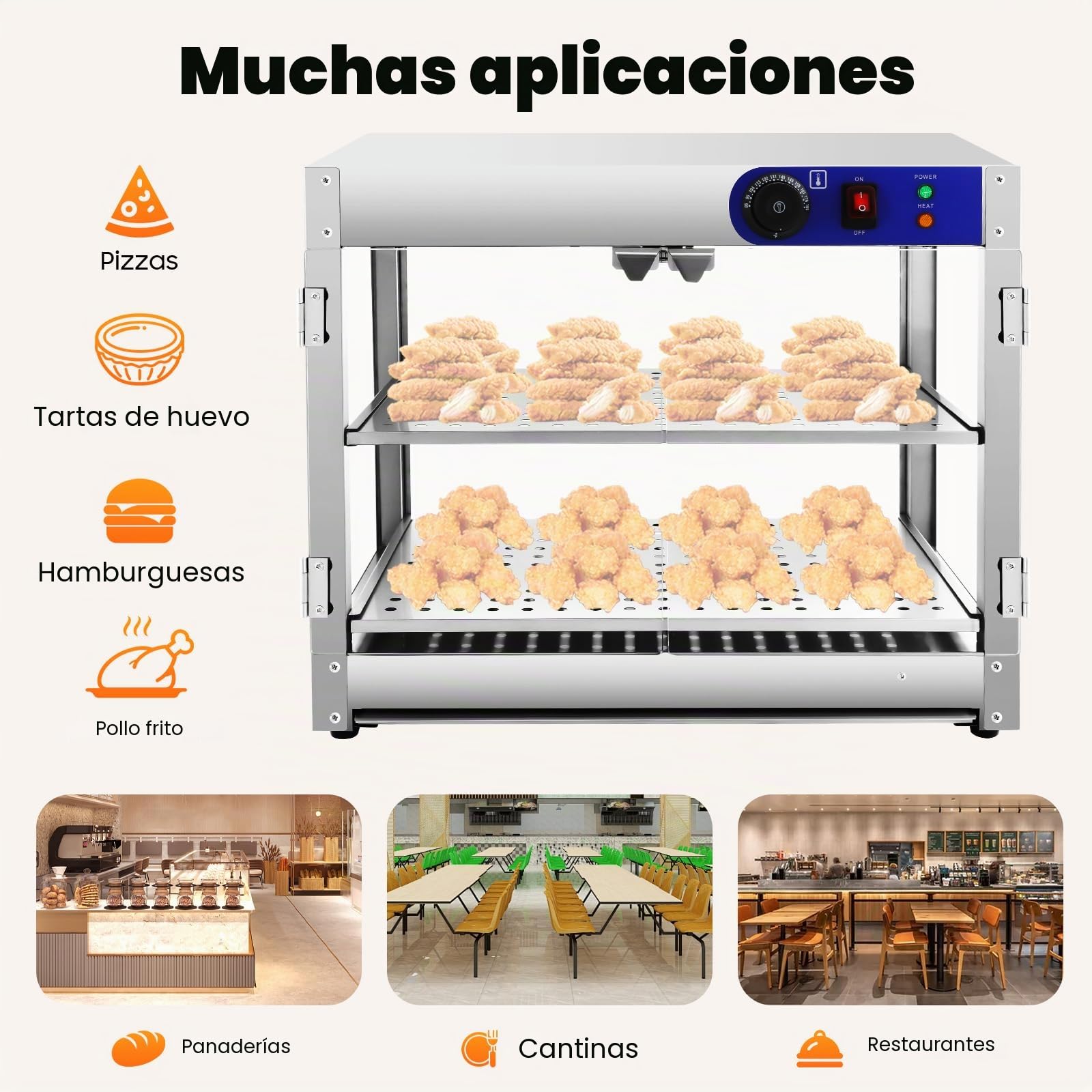 Vitrina de encimera, mostrador caliente, vitrina para mantener el calor, vitrina térmica de 30 – 85 °C, iluminación interior, estante de alambre de 2 niveles, con pinzas, cristal comercial