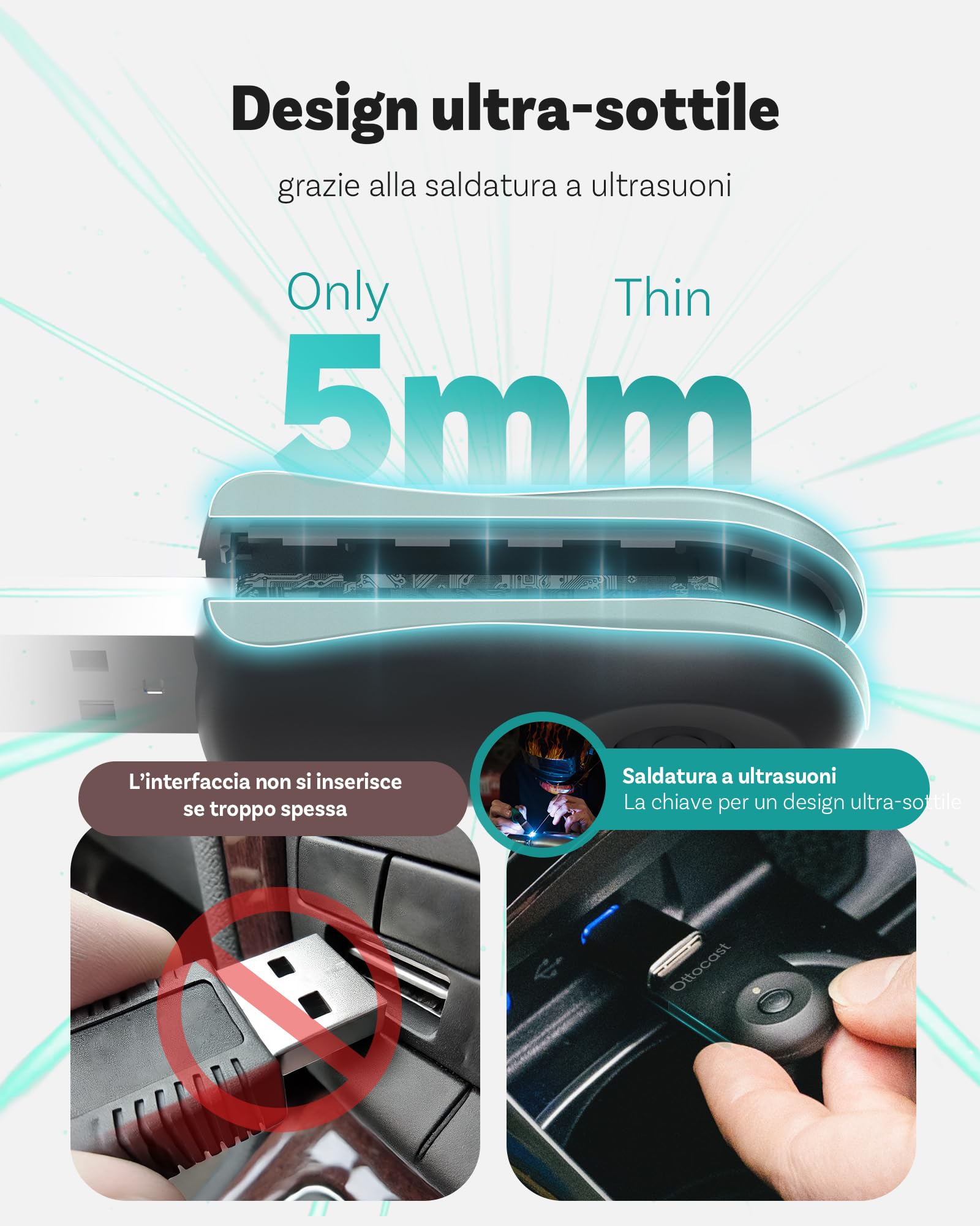 OTTOCAST Nuovo 2025 Mini Flow – Adattatore CarPlay wireless & Android Auto, Dongle 2-in-1, Plug & Play, Ultra Compatto, Compatibile con iPhone & Android, Per auto dal 2016 (Non per BMW/Tesla)