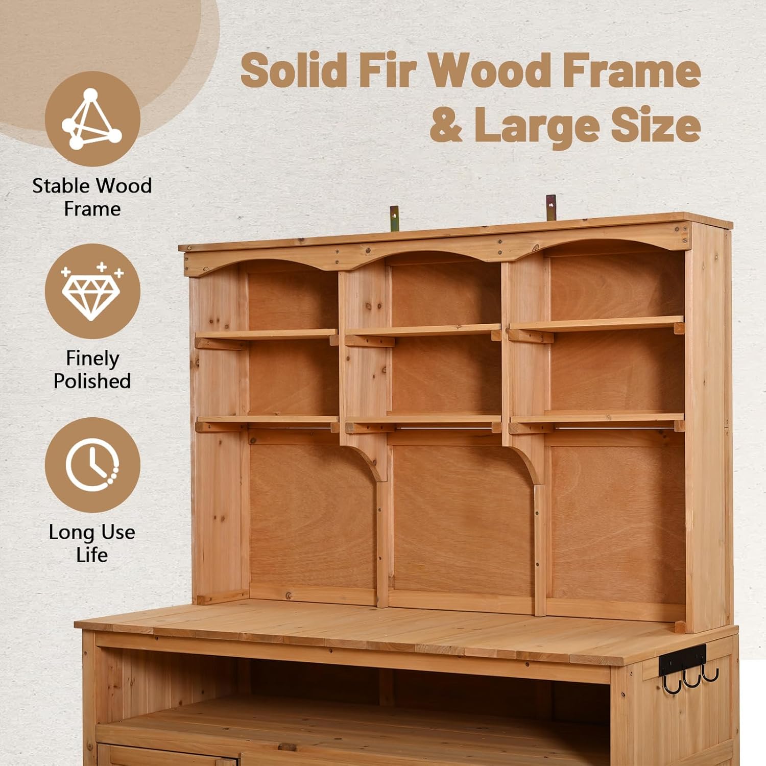 Wooden Potting Bench with Storage, Large Outdoor Garden Workstation Table with Hutch, Cabinets & Drawers, Multi-Functional Patio Kitchen Prep Table for Gardening & Outdoor Use (Natural Wood)