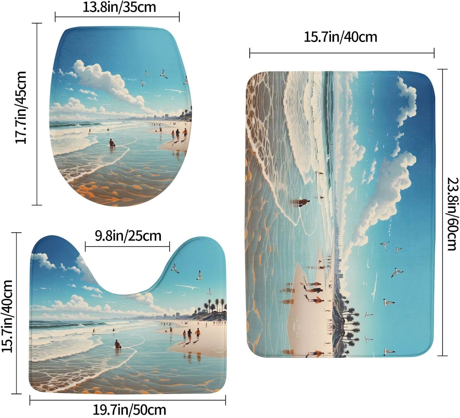 JCAKES Ocean Beach Print 3 Piece Bathroom Rugs Set Non-Slip Washable Cover Floor Rug Decorations for Kitchen Bathroom Bedroom