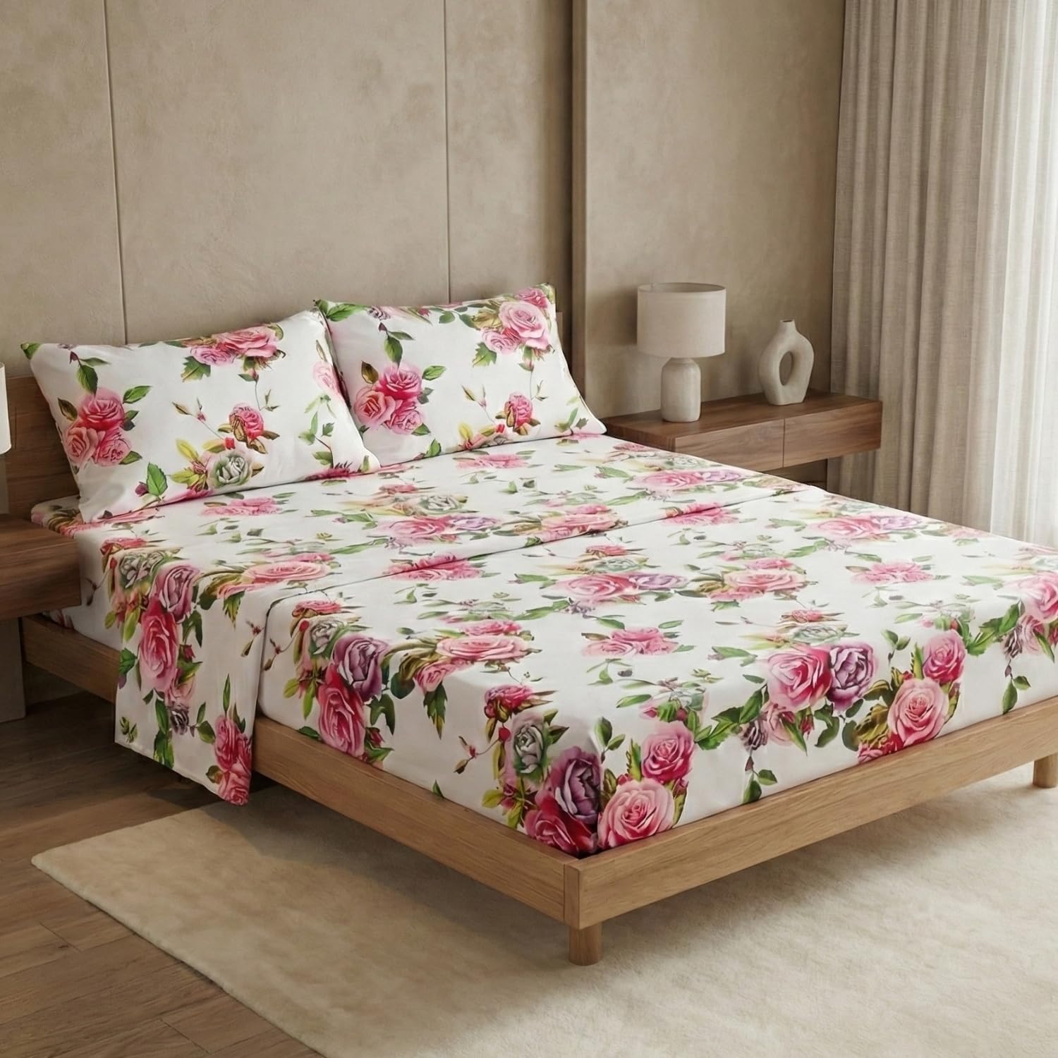 DaDa Bedding Romantic Roses Floral Fitted & Flat Sheet Set w/ 2 Pillow Cases - Lovely Spring Pink Colorful Bright Vibrant - Full Size - 4-Pieces Set