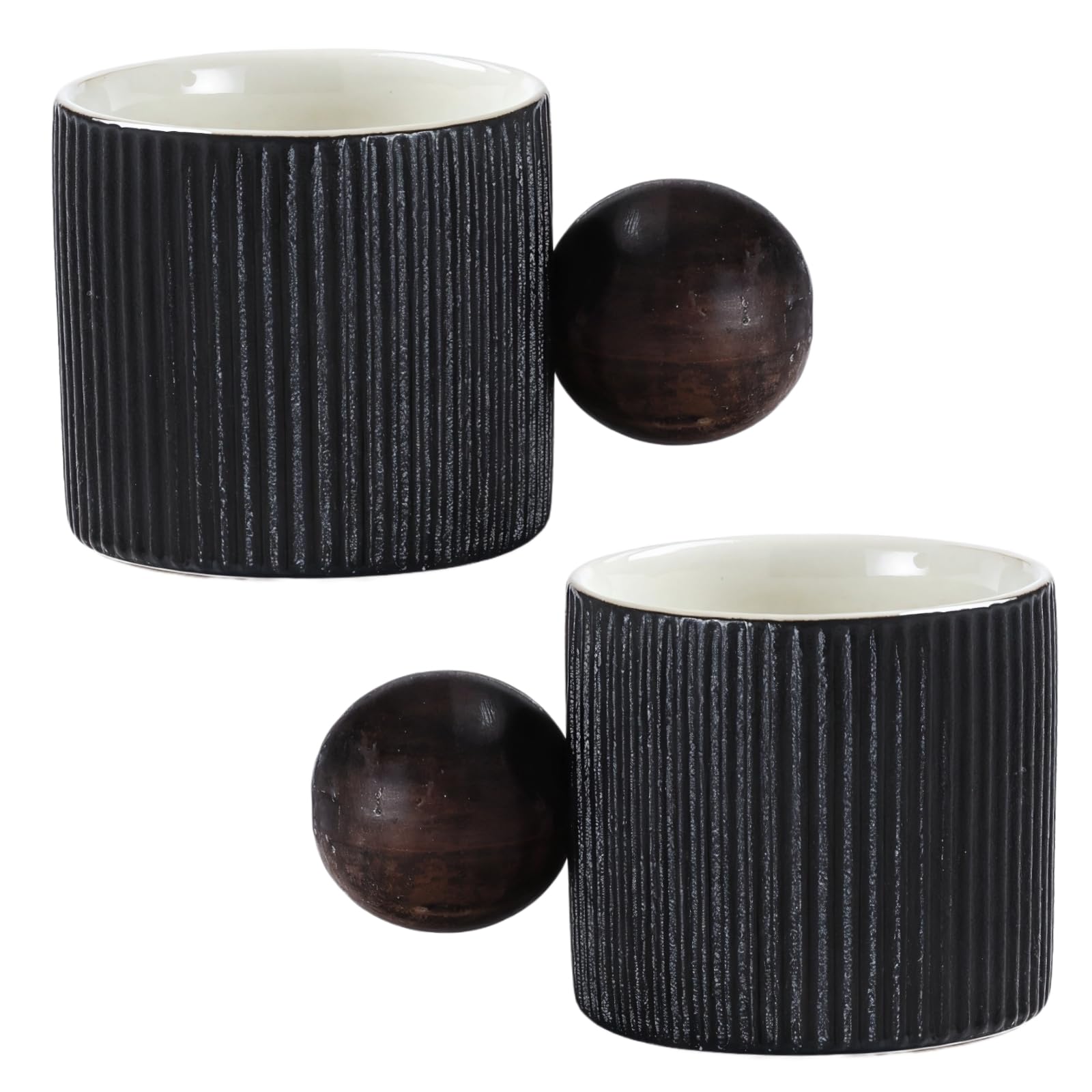 2 Stk. Mini Espresso Tassen, 2 oz Keramik-Demitasse mit rundem Holzgriff, vertikal gestreifte Kaffeetassen mit wärmeisolierendem Holzgriff, kleine Keramiktassen für heiße und kalte Getränke