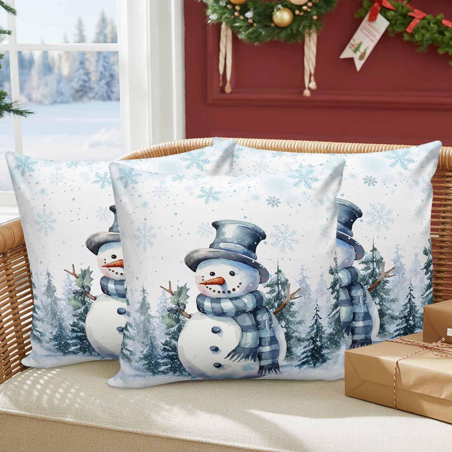 Winter Snowman Outdoor Pillow Covers Set of 2, Christmas Watercolor Xmas Tree Decorative Waterproof Throw Pillowcase Geometry Snowflakes Cotton Linen Soft Cozy Cushion Cover Pillowsham 20x20In