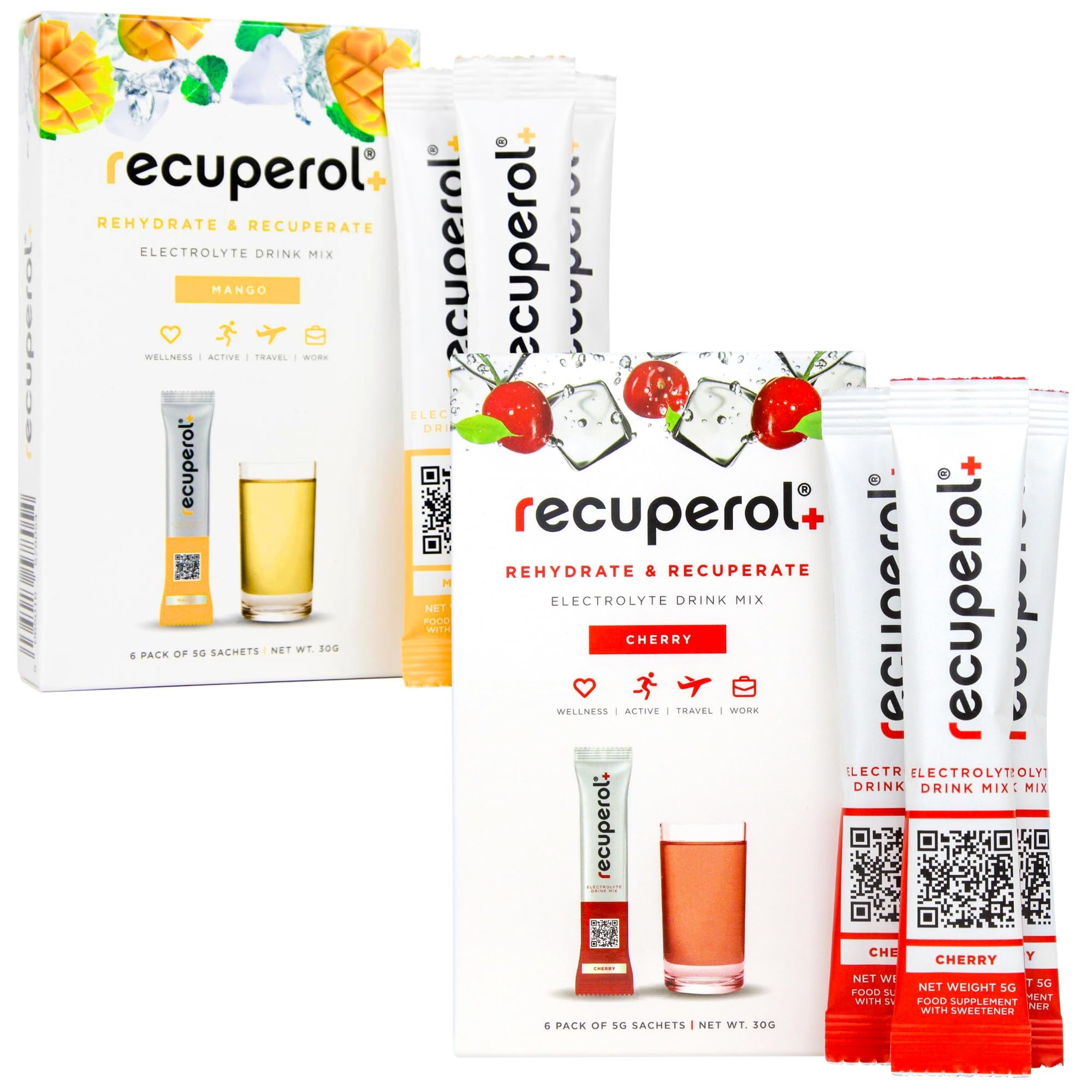 RecuperolRehydration & Recovery Electrolytes Powder, Dehydration Supplement, 12 Sachets, Replace Electrolytes & fluids, Zinc, Vitamin C, B12, D3, Potassium, Cherry & Mango Variety Bundle