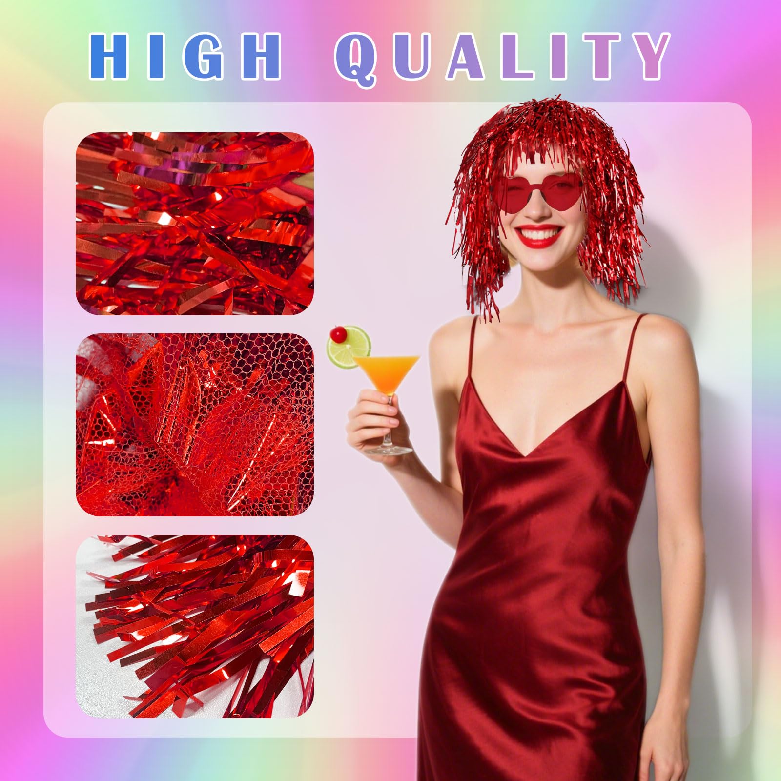 YAUOIPI 8 Pcs Foil Tinsel Wig and Sunglasses Set,Foil Strands Foil Shiny Party Wig,Cosplay Wigs for Fancy Dress,for Adults Men Women Cosplay Christmas Halloween Photo Props (8 PCS) - Image 3