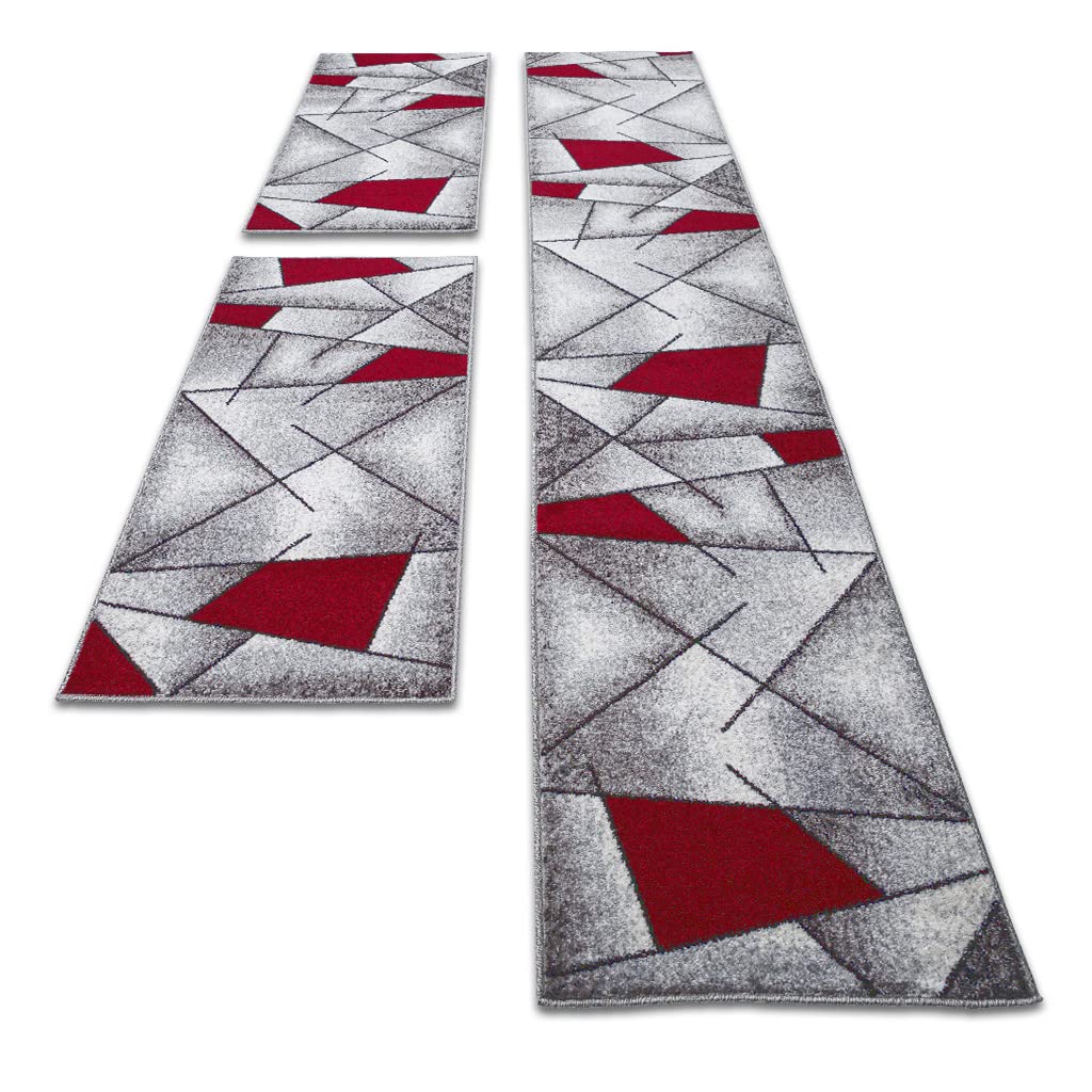 oKu-Tex Bettumrandung Set 3-teilig [67x340 cm | 2 mal 67x140 cm] Roter Bettvorleger, meliert - weicher Kurzflor pflegeleicht - Teppich Schlafzimmer - Modernes geometrisches Design - Deutsche Marke