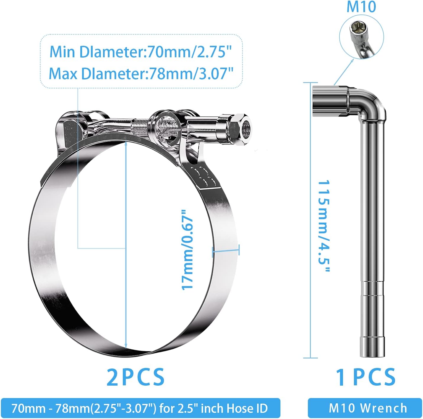 2 Pack 2.5 Inch T Bolt Hose Clamps 70-78mm, Heavy Duty Stainless Steel Turbo Intercooler Boost Pipe Clamps for Diesel Truck Intake Radiator