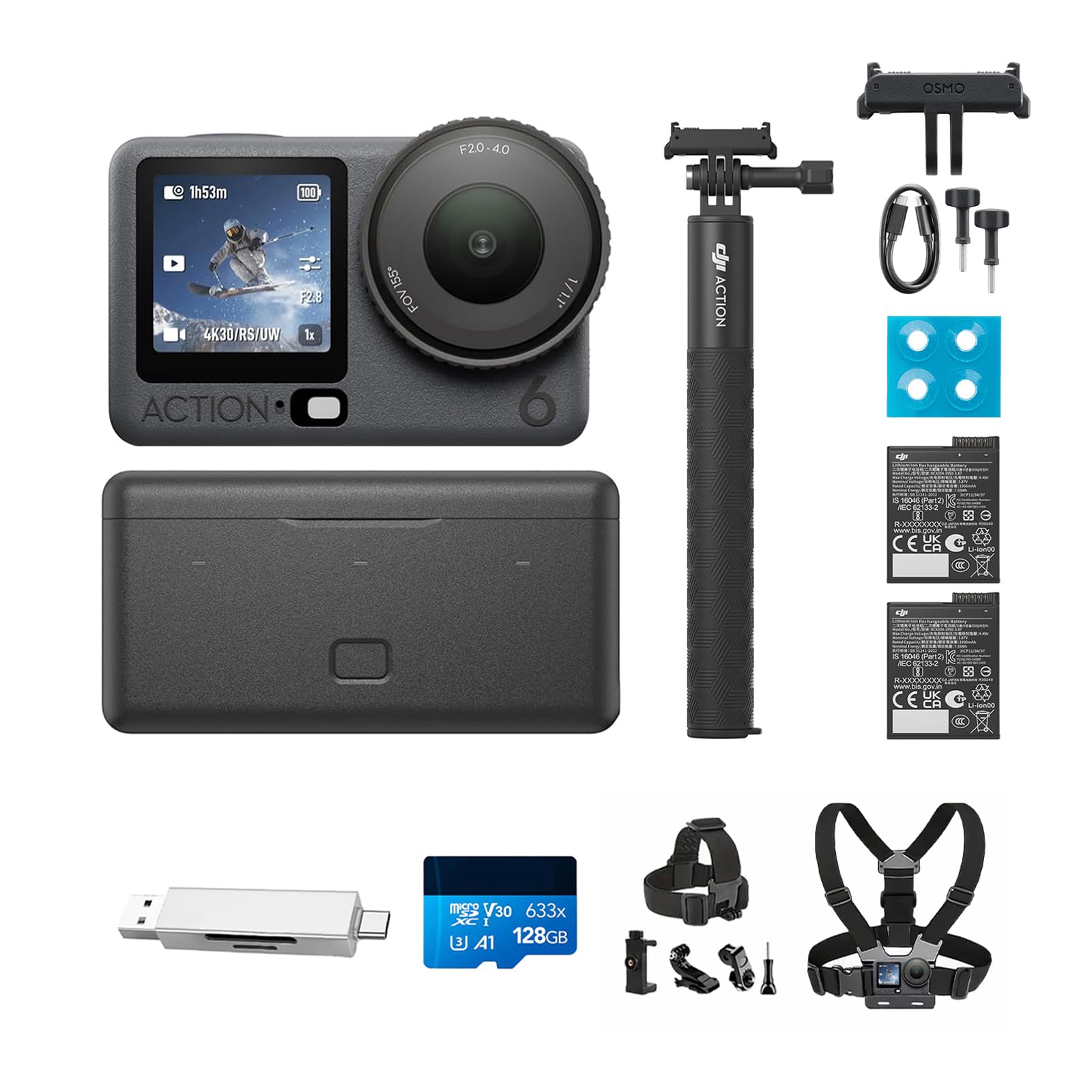 DJI Osmo Action 6 Erweiterte Combo mit Fahrradset + Speicherkarte Combo, Action-Cam 4K mit 1/1,1″-Quadratsensor, Variable Blende von f/2,0-f/4,0, längere Akkulaufzeit mit 2 Akkus