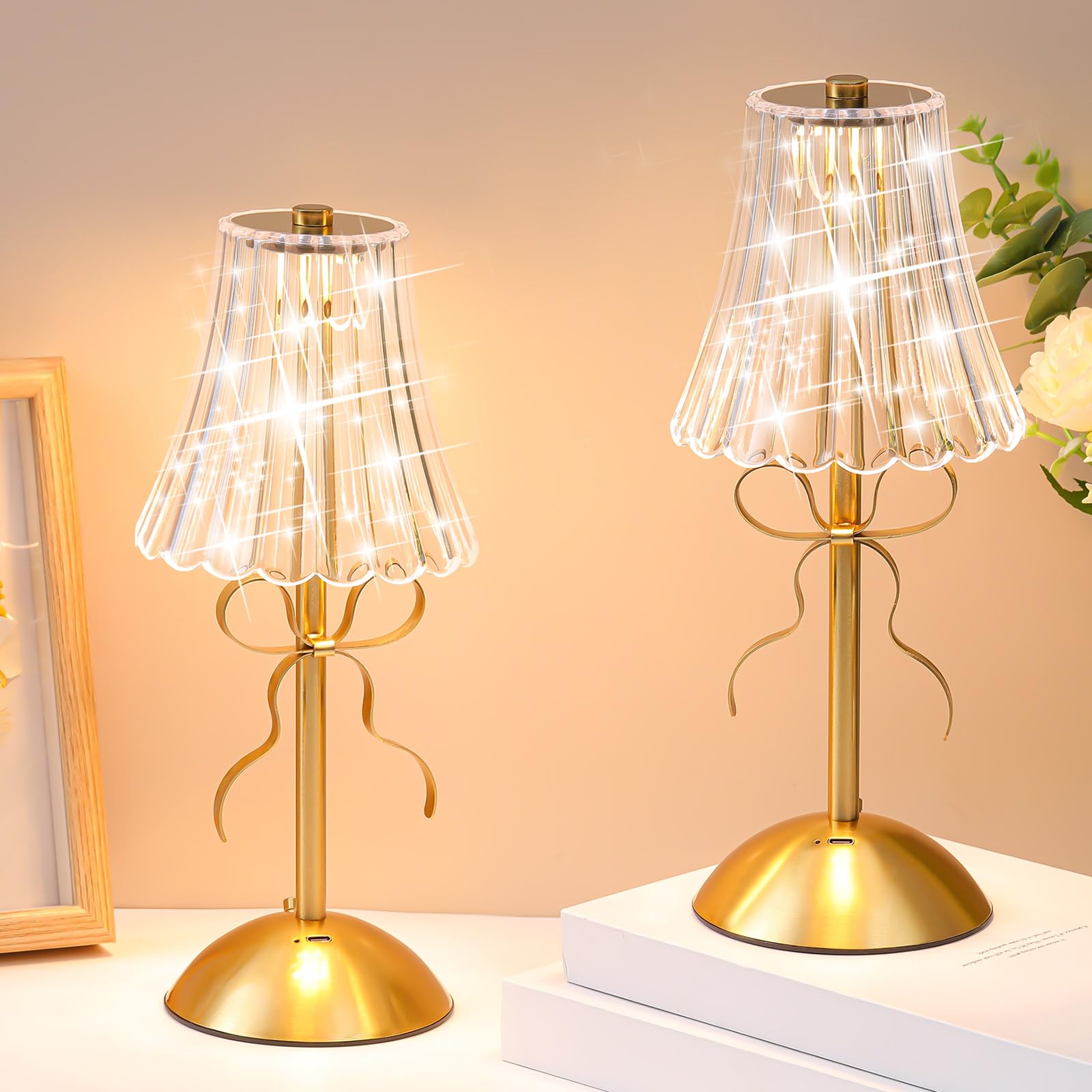 Liliful 2 Pcs Cordless Table Lamp LED Touch, Gold, Rose Style Bow