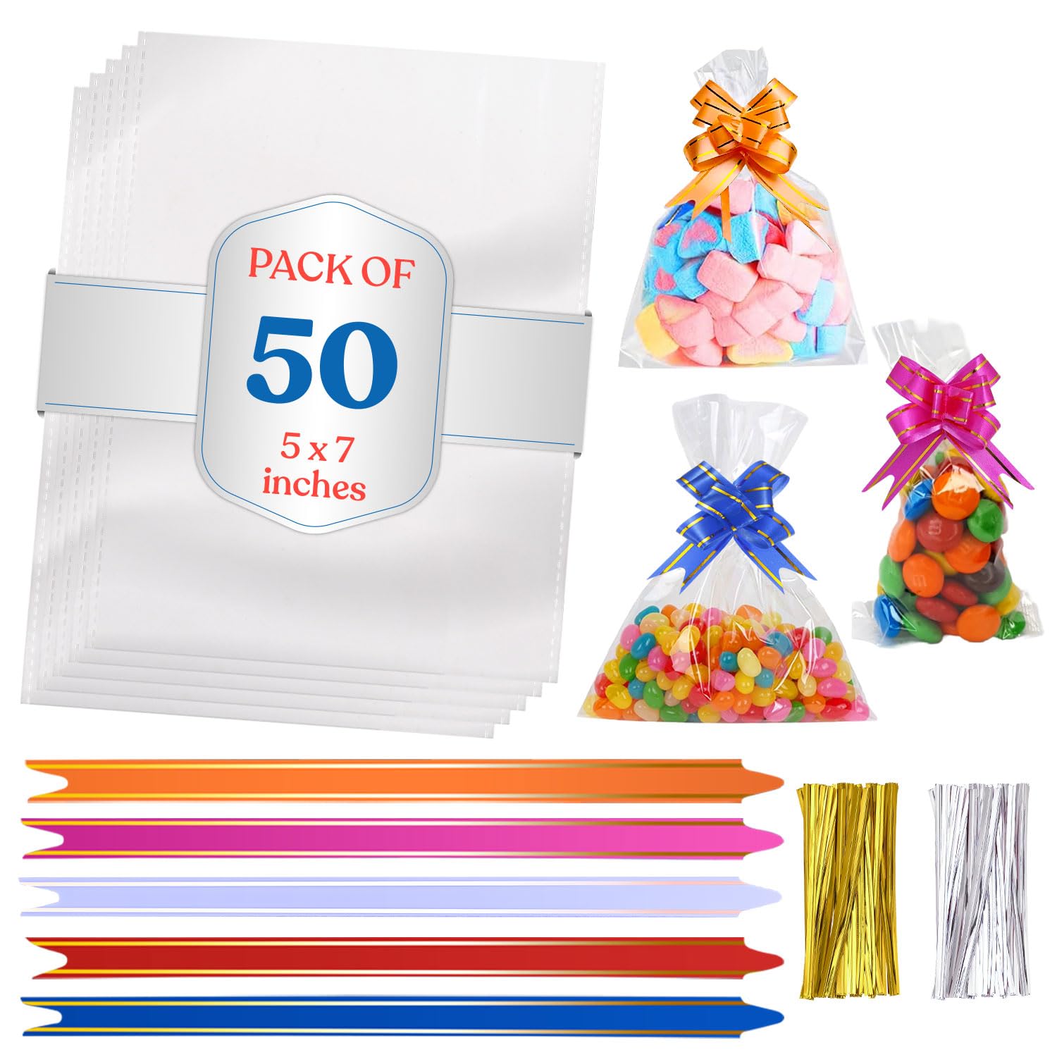 eHom Cellophane Bags Pack of 50 (5 x 7 Inches) Food Safe Cookie Bags with 50 Mix Color Pull Bows & Twist Ties- For Christmas & Halloween Gifts, Packaging, Wrapping Sweet bags for Hamper Making — image 1