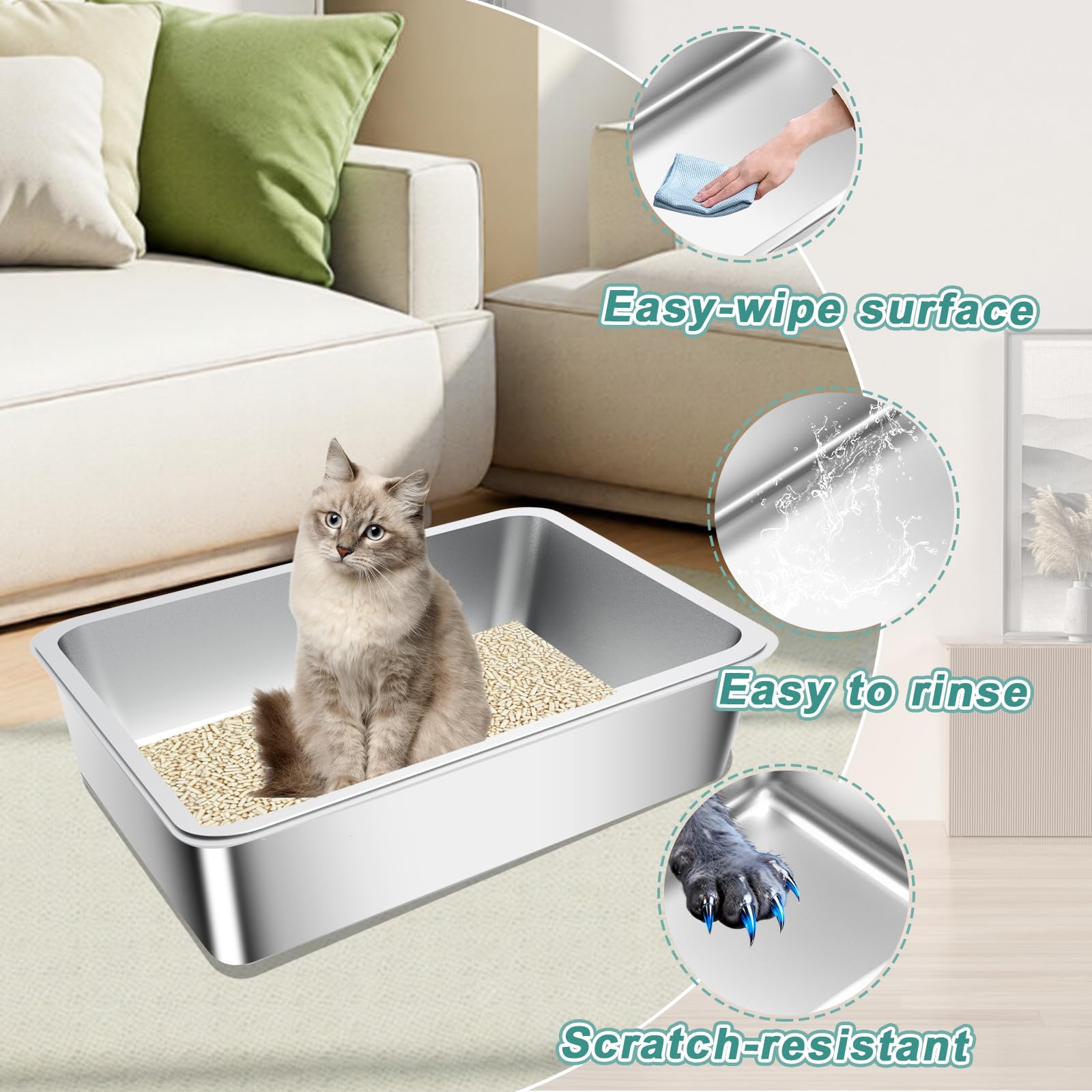 Stainless Steel Sifting Cat Litter Box for Clumping Litter, Large Metal Cat Litter Box with Sifter Litter Tray and Cat Litter Bag,Odor Control, Easy to Clean(19.7"x13.7"x5.9") - image 3