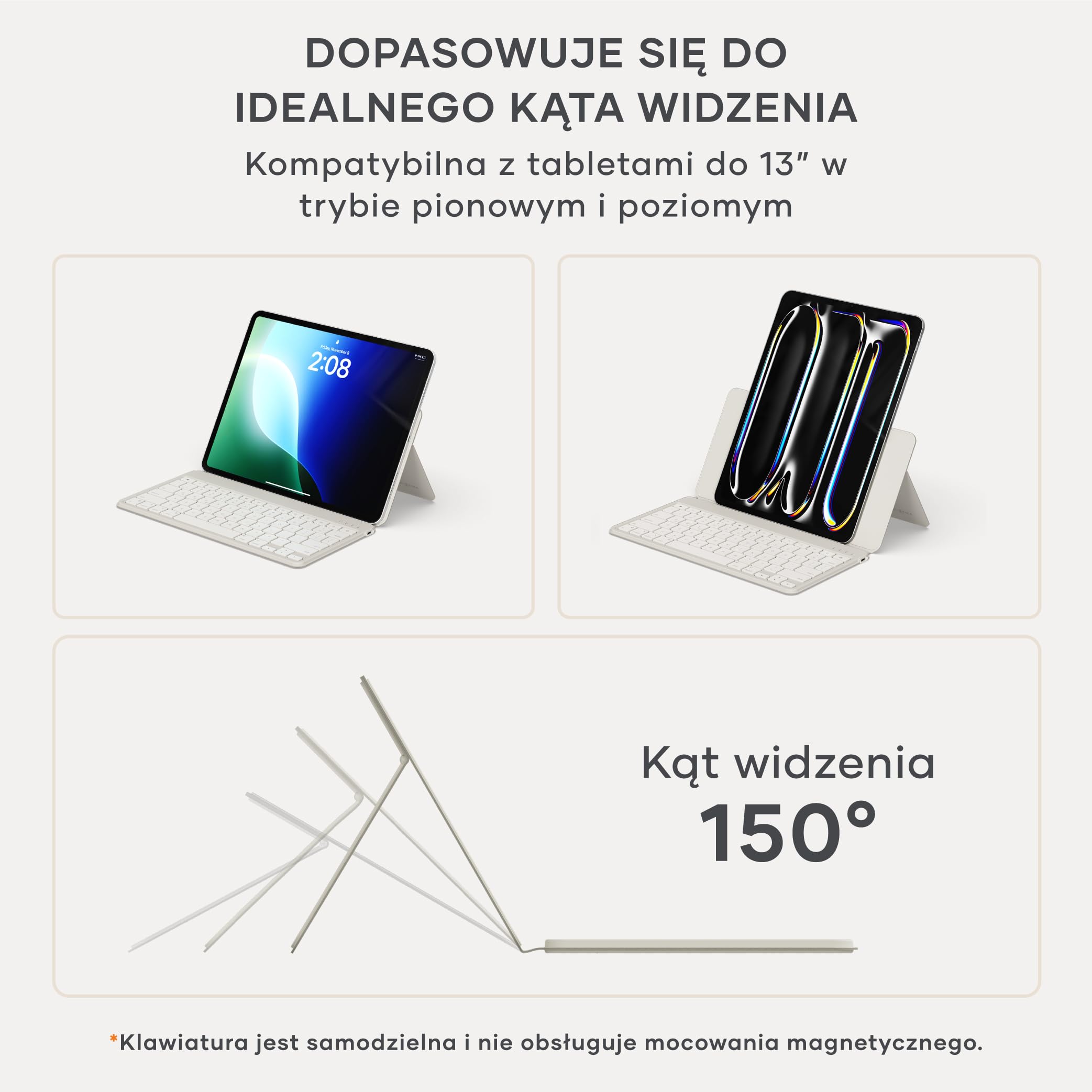 SATECHI OntheGo™ Kompaktowa Bezprzewodowa Klawiatura Bluetooth z Regulowaną Podstawką, Łączy do 3 Urządzeń, Akumulator USB-C, Ergonomiczna, 𝗨𝗦 𝗤𝗪𝗘𝗥𝗧𝗬 𝗟𝗮𝘆𝗼𝘂𝘁 – Beżowa