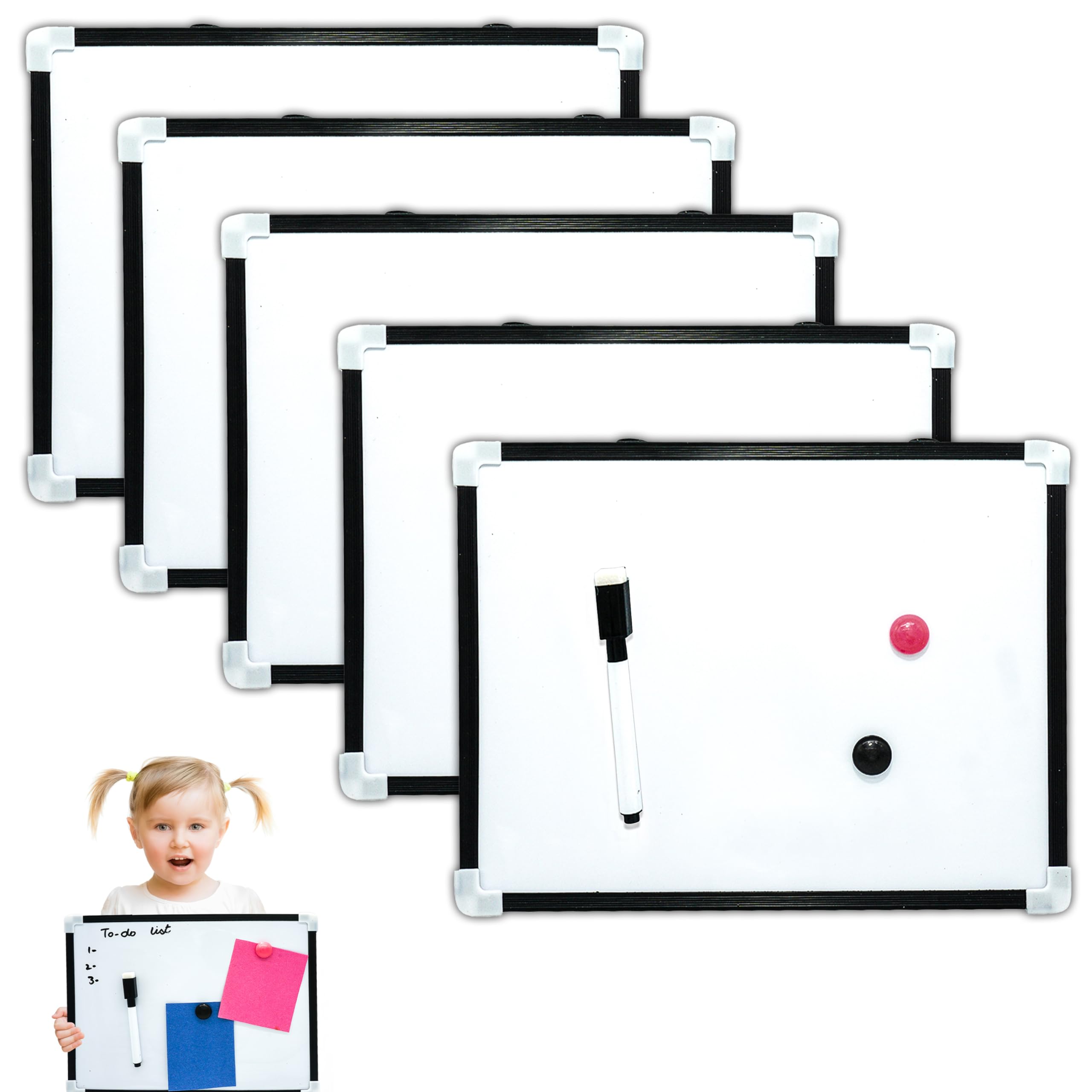 A4 Magnetic Whiteboards 5X - Premium Board with Dry Erase Surface, Mini Whiteboard for Kids and Adults, Wipe Clean Pens and Eraser for Home and Office