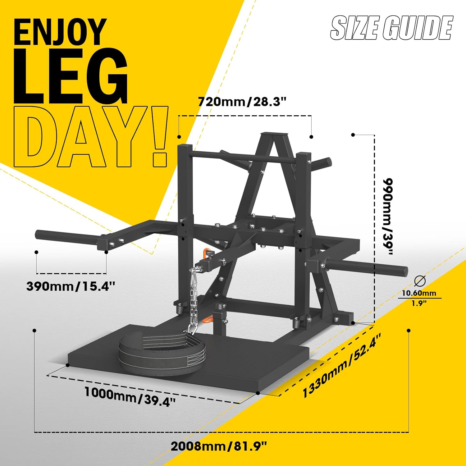 Diagram showing the dimensions of the syedee BS00 Belt Squat Machine in millimeters and inches.