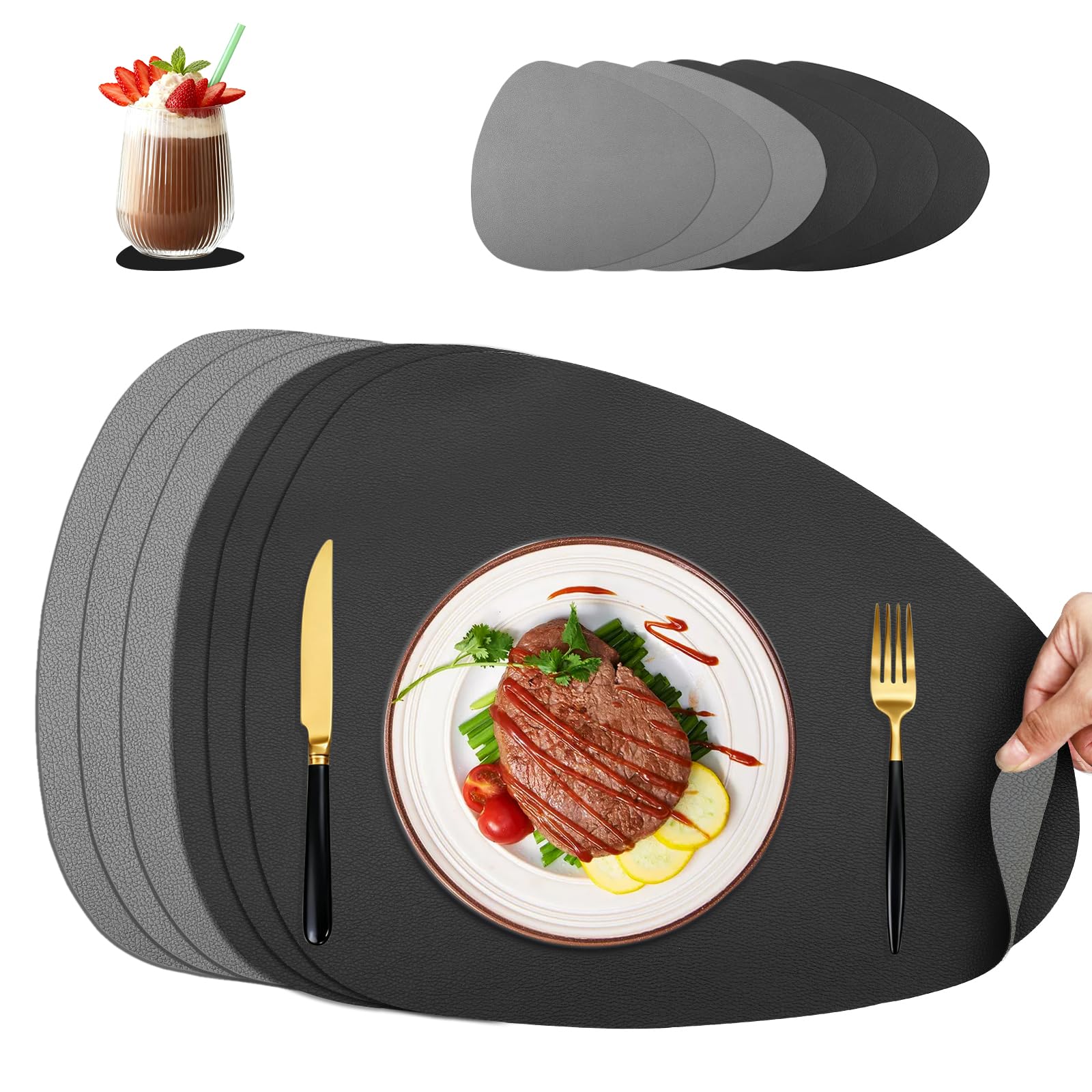 Set de 6 Manteles Individuales Lavables Ovalados & Posavasos, Doble Cara Antideslizante Impermeables para Cocina, Comedor, Oficina (Negro - Gris)