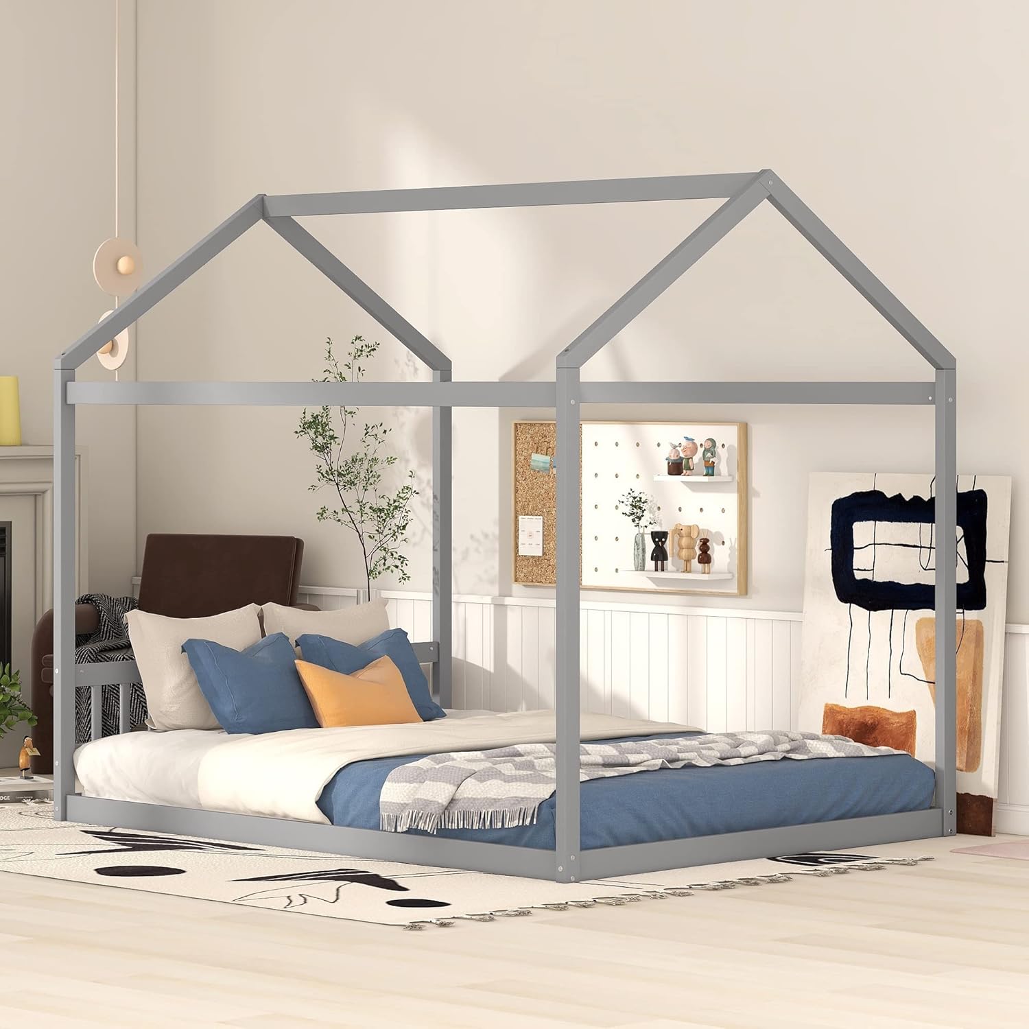 Queen Montessori Floor House Bed with with Roof and Headboard,Wooden Low Platform Bed Frame with Slats Support,Montessori Floor Beds for Boys Girls Bedroom,No Box Spring Needed,Easy Assembly,Gray