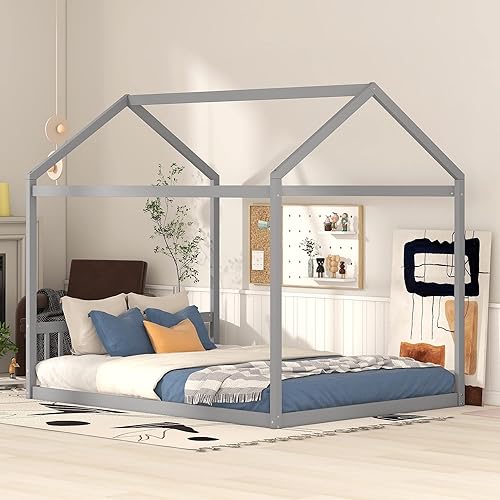 Miniatura 3 de Bellemave Montessori - Cama tamaño Queen con rieles y techo, plataforma de madera maciza con cabecero, para niños, adolescentes, niñas y niños