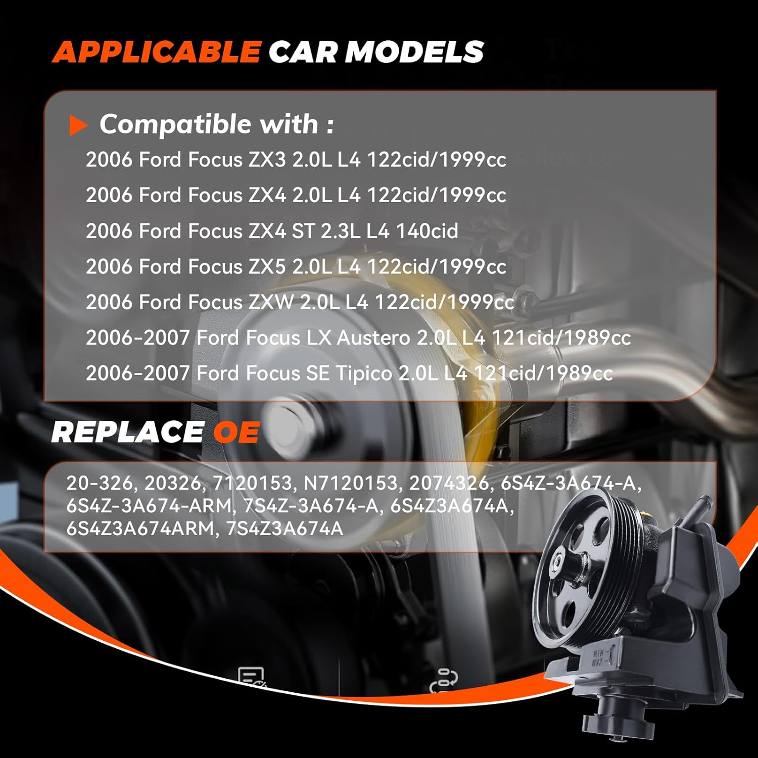 20-326 Power Steering Pump Assembly with Pulley & Reservoir Compatible with 2006-2011 Focus, 2010 Transit Connect, 2011 Transit Connect 2.0L Replace # 6S4Z3A674A, 6S4Z3A674ARM, 7S4Z3A674A