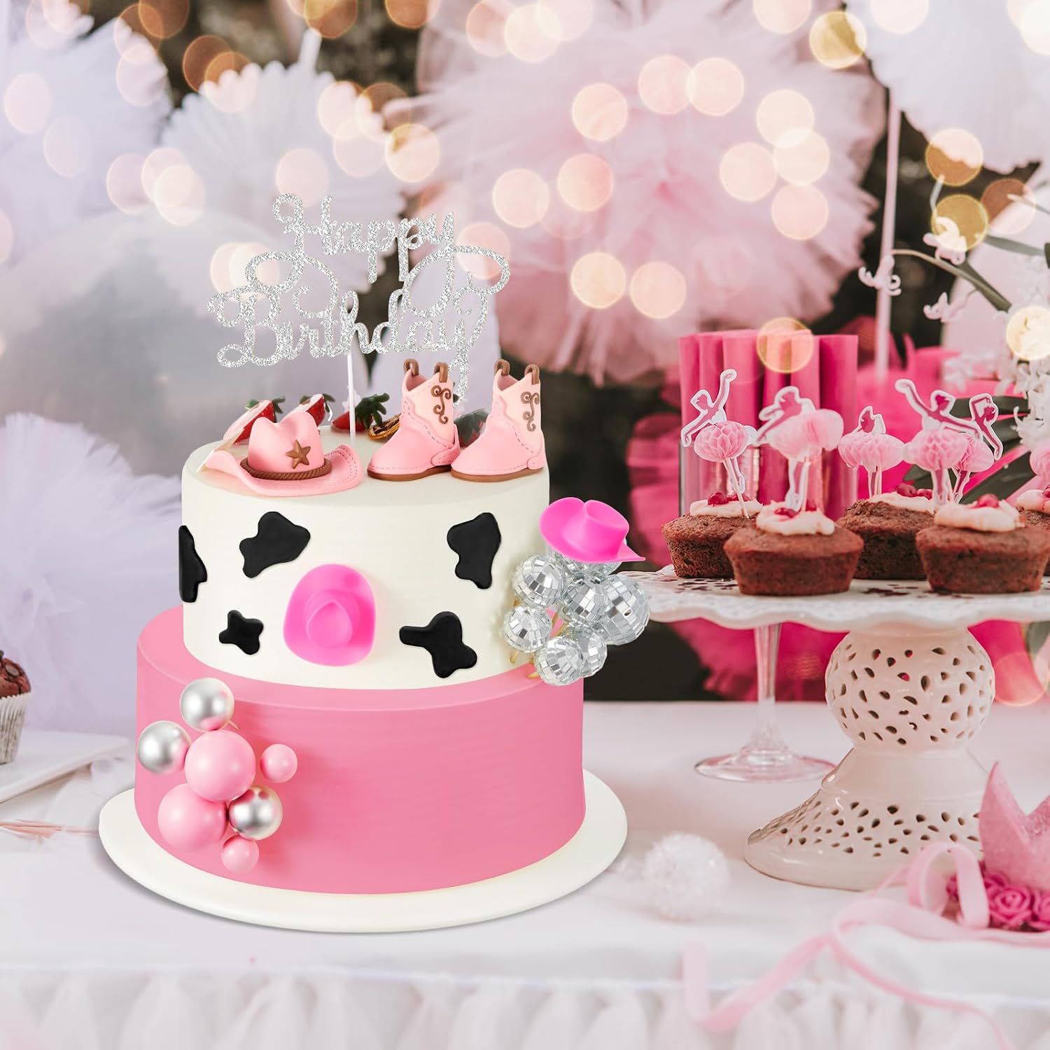 RoundFunny 26pcs Cowgirl Cake Topper Western Hat Boot Disco Ball Cake Decor image 5