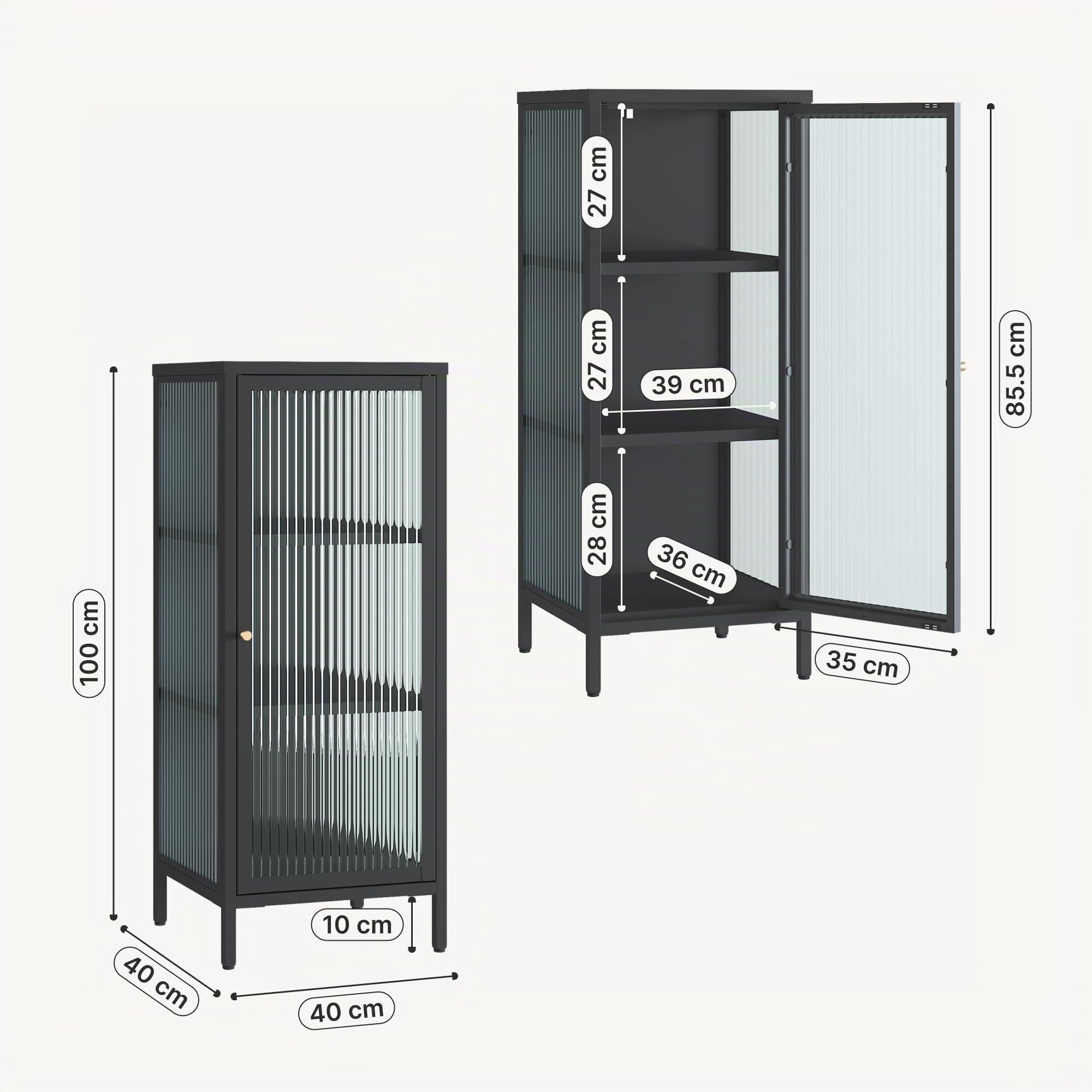 [en.casa] Armadio Vetrina con Anta in Vetro Scanalato Mobile Contenitore Libreria a 3 Ripiani Scomparti Vani Portaoggetti per Soggiorno Sala Studio 100 x 40 x 40 cm - Nero