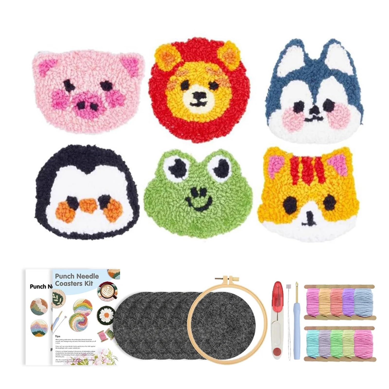 1set Punch Needle Embroidery Kit DIY Stitching Coasters Needlecraft Dog Pattern Tufted Rug Pads With Felt Yarns For Beginners for DIY(Color1)