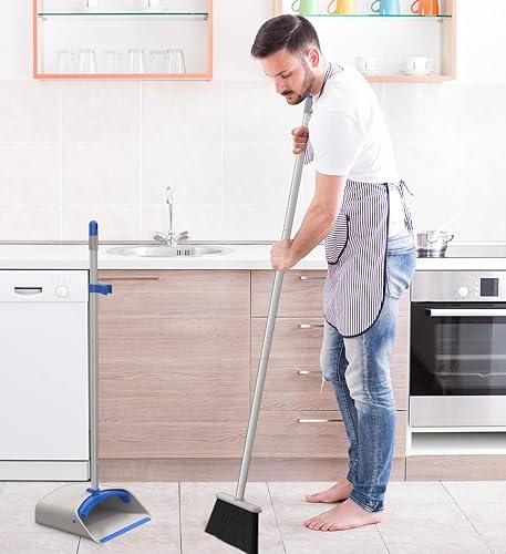 Miniatura 7 de Juego de escoba y recogedor, escoba con recogedor, sartenes de pie con mango largo, color azul