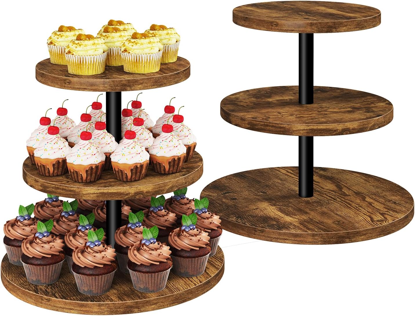 IBUYKE 3 Tier Cupcake Stand,Set of 2,Wood Durable Cupcake Tower,Round Serving Display Stand,Dessert Table Display Tree Tower for Birthday,Home Party, Wedding, Baby Shower,Rustic Brown UTLJ017H-2