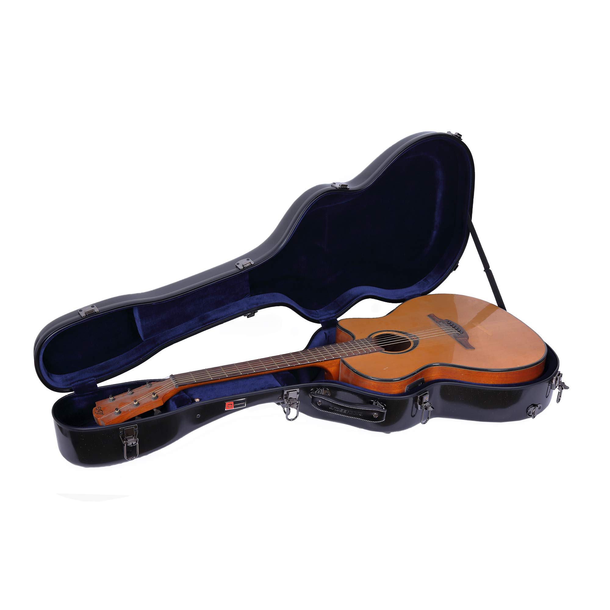 Crossrock Deluxe futerał na gitarę z włókna szklanego do stylu OM/Martin 000, błyszczące czarne wykończenie, zatrzask TSA, aksamitne wnętrze - twarda obudowa premium na scenę i podróż, czarne