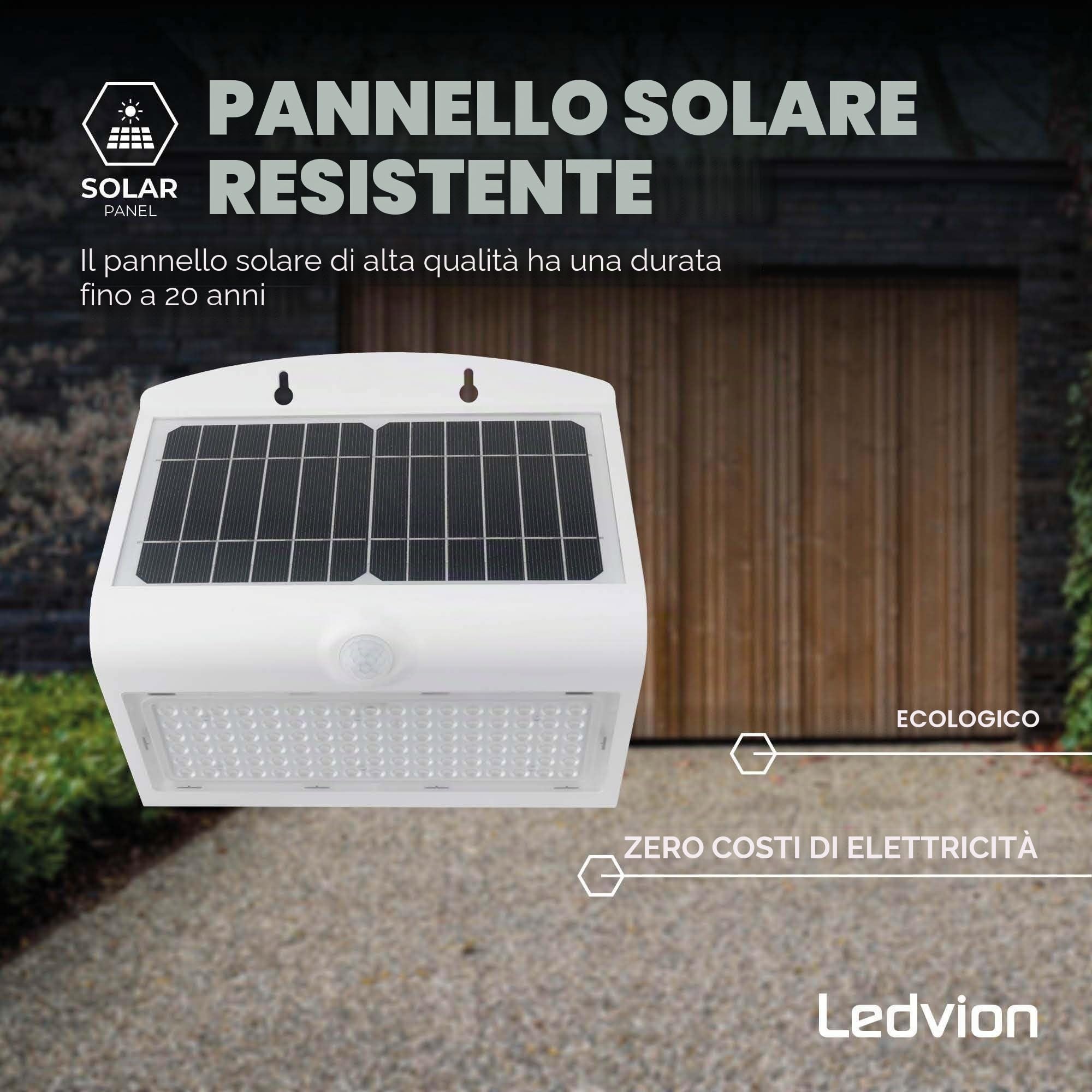 Ledvion - Lampada Solare LED Moderna da Parete, 8W, 3000K, IP65, Bianca, 220 Lumen, con Sensore di Movimento, Energia Solare, Efficienza Energetica & Resistente alle Intemperie