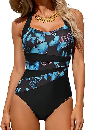 Eomenie Women's Halter One Piece Swimsuit Tummy Control Color Block Bathing Suit