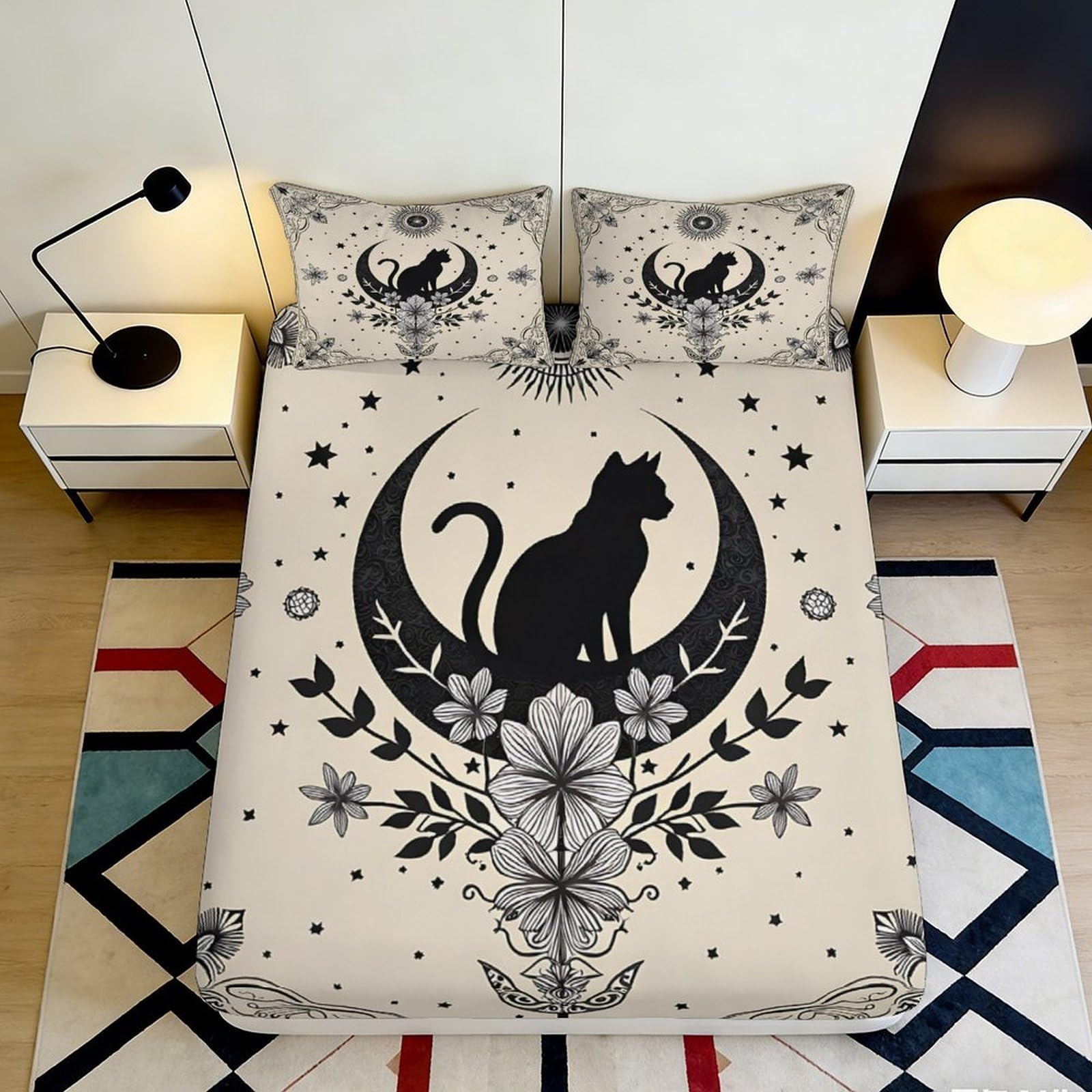 3D Printed Moon Cat Pattern Microfiber Fitted Sheet Deep Pocket Bedroom Bedding Non-Slip Elastic Hem Moon Cat Mattress Fitted Cover Full Wrap Washable 180x200x25cm