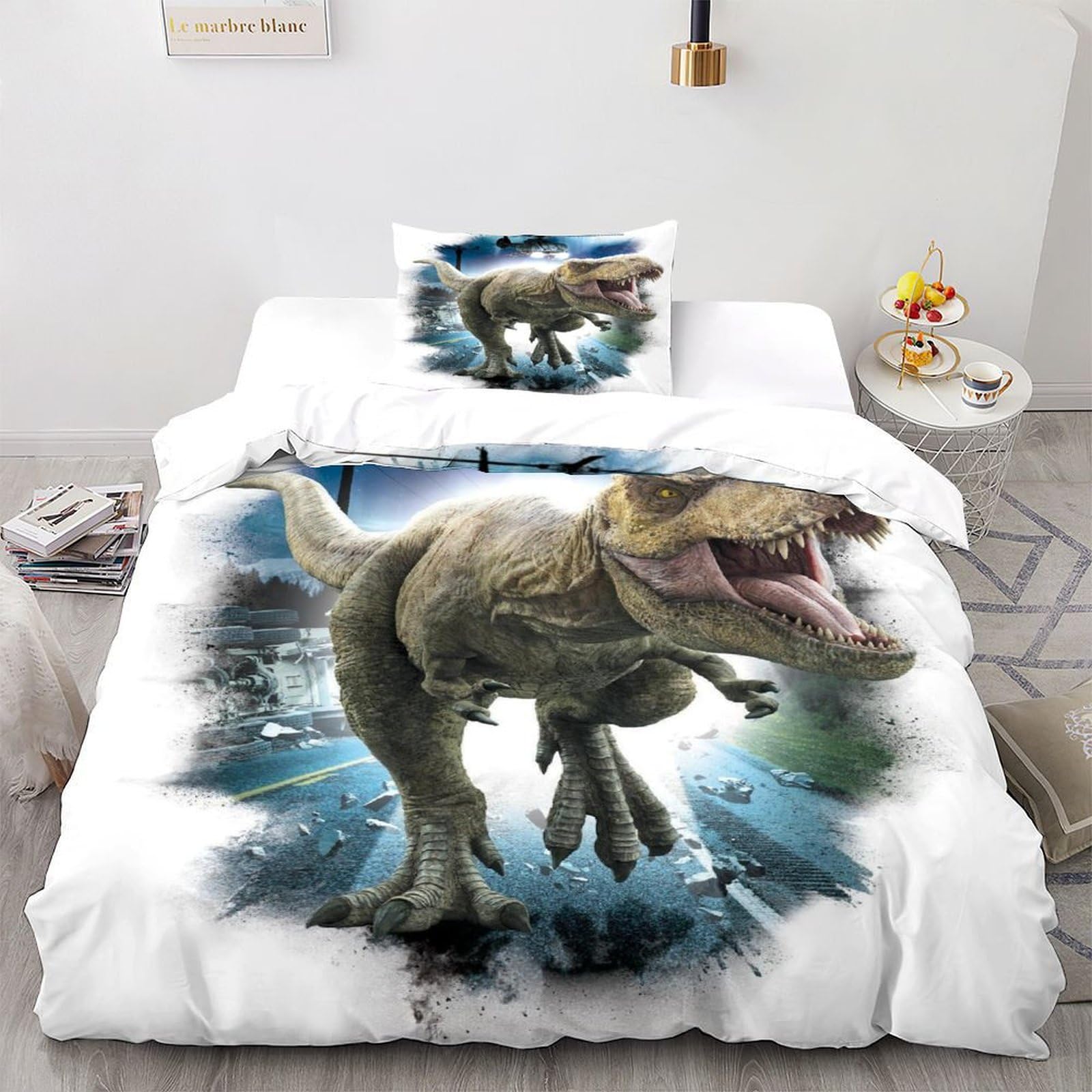 Housse de couette dinosaure 2 pièces lit 1 place taie oreiller imprimée