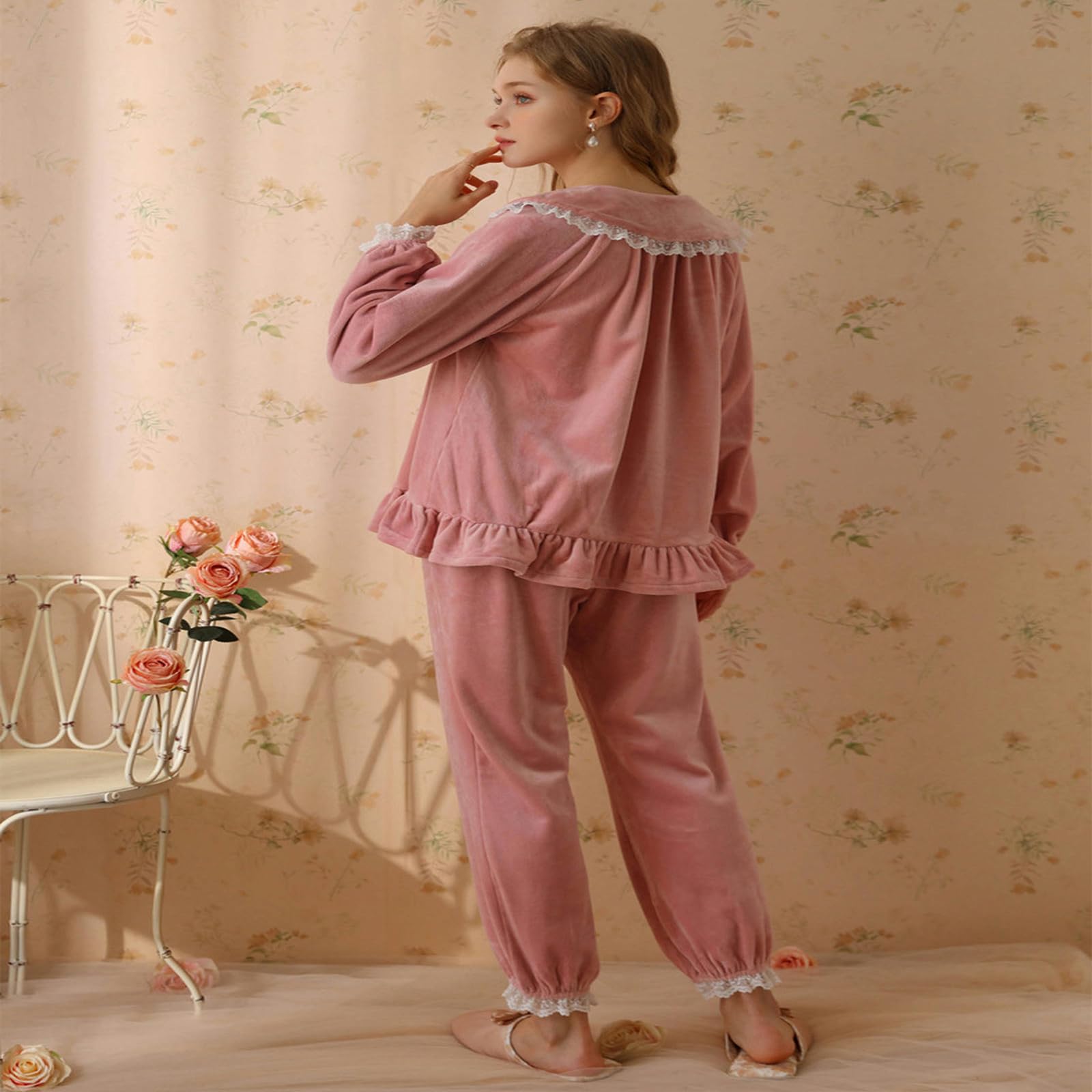 Schlafanzug Damen Lang Baumwolle Prinzessin Samt Damen Pyjama Mädchen Langarm Herbst Und Winter Plus Samt Verdickt Süß Warm Hause Zwei-stück Anzug-schwarz-m