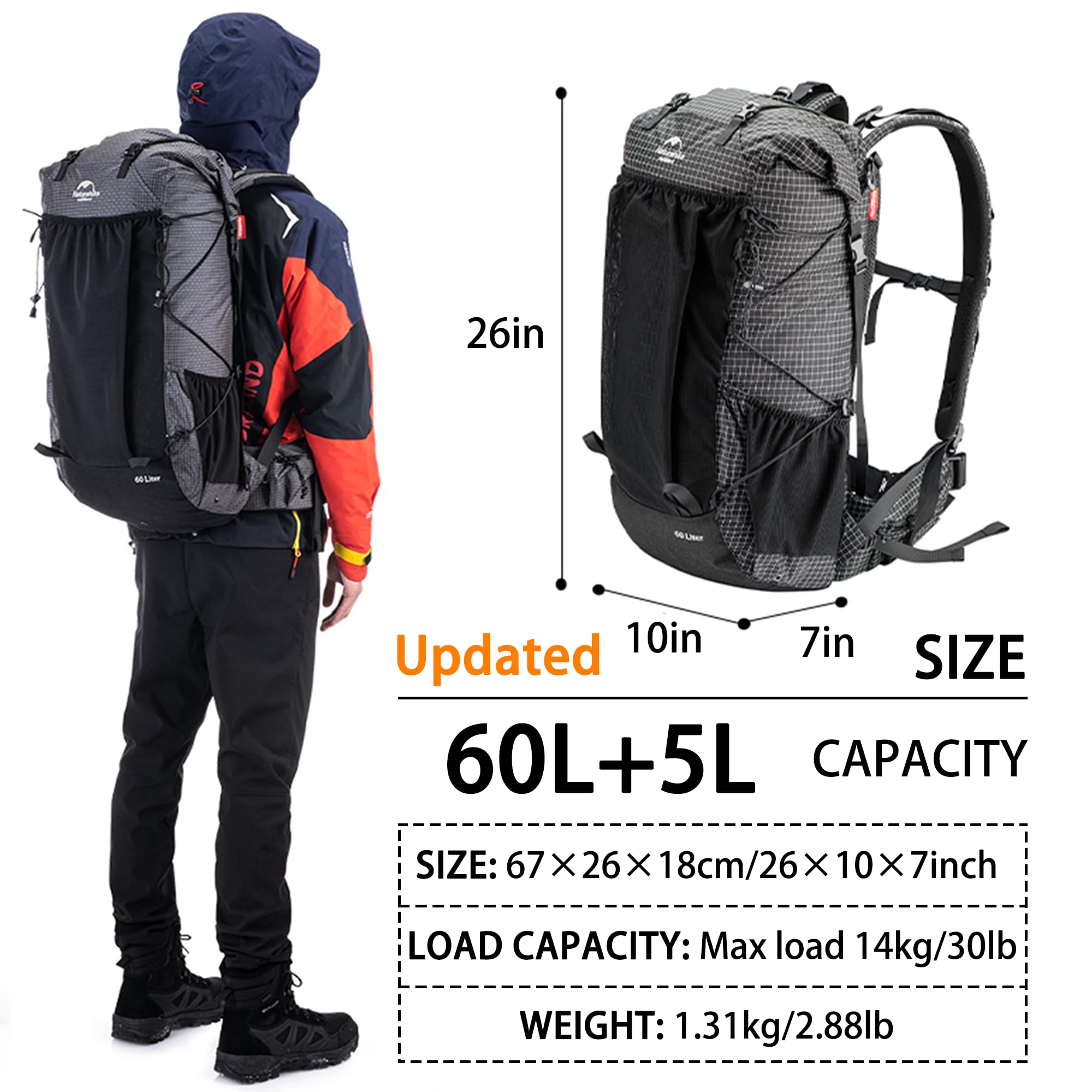 Naturehike Rock-40L/60L+5L Internal Frame Hiking backpacking backpack, Camping Waterproof Bag, Ultralight Outdoor Daypack with Rain Cover for Hiking, Backpacking,Camping Survival(60+5L(updated))