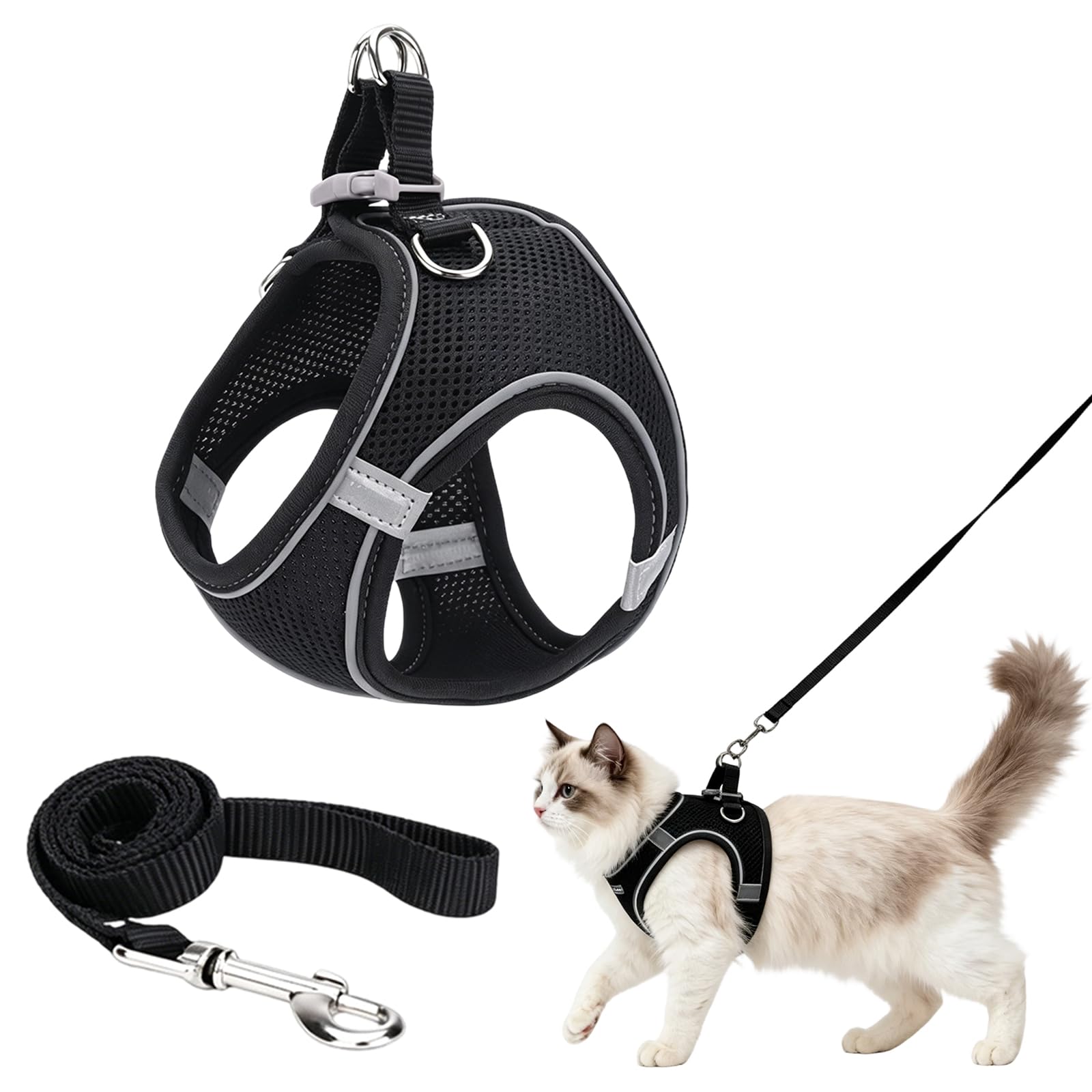 JBLJDWD 2PCS Cat Harness and Lead Set, Black M Size with 1.5m Flat Lead, Kitten Harness and Cat Leash for Outdoor Walks, Harness for Cats