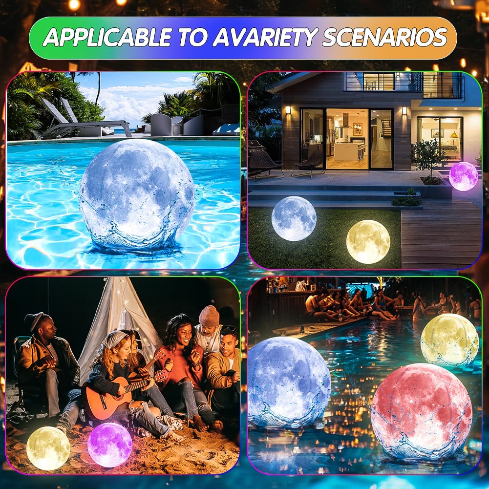 Joycabin 2 bolas de agua hinchables LED luminosas con luna, diámetro de 40 cm, iluminación flotante para piscina, impermeable, para playa, jardín, piscina, fiesta