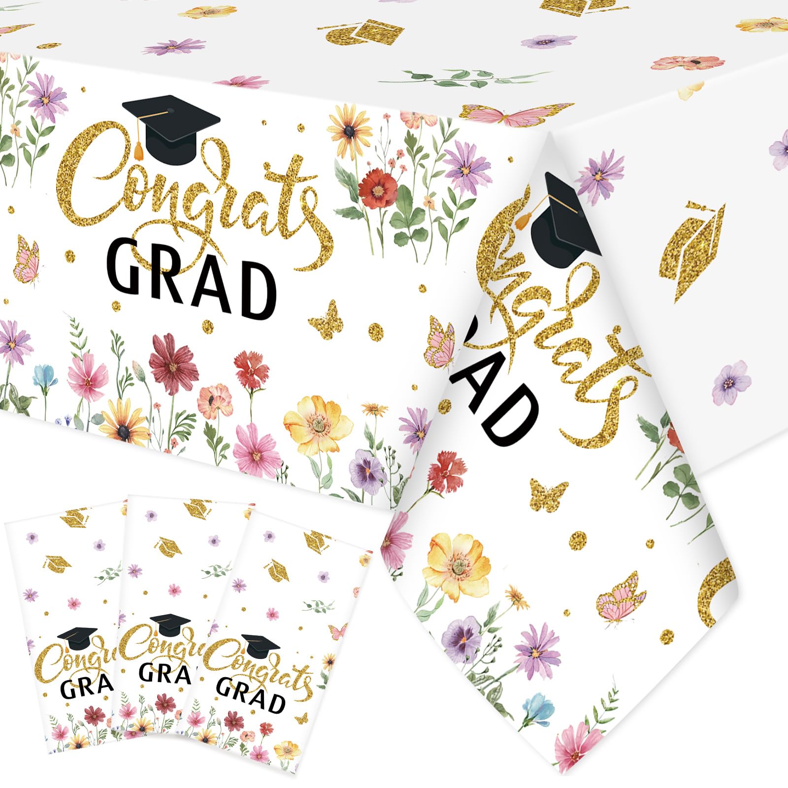 Ganeen 3 Pcs Graduation Tablecloth Floral Class of 2026 Congrats Grad Table Cloths Gold Disposable Plastic Rectangle Table Cover for 2026 Graduation Decorations Grad Party Supplies, 54 x 108 Inch
