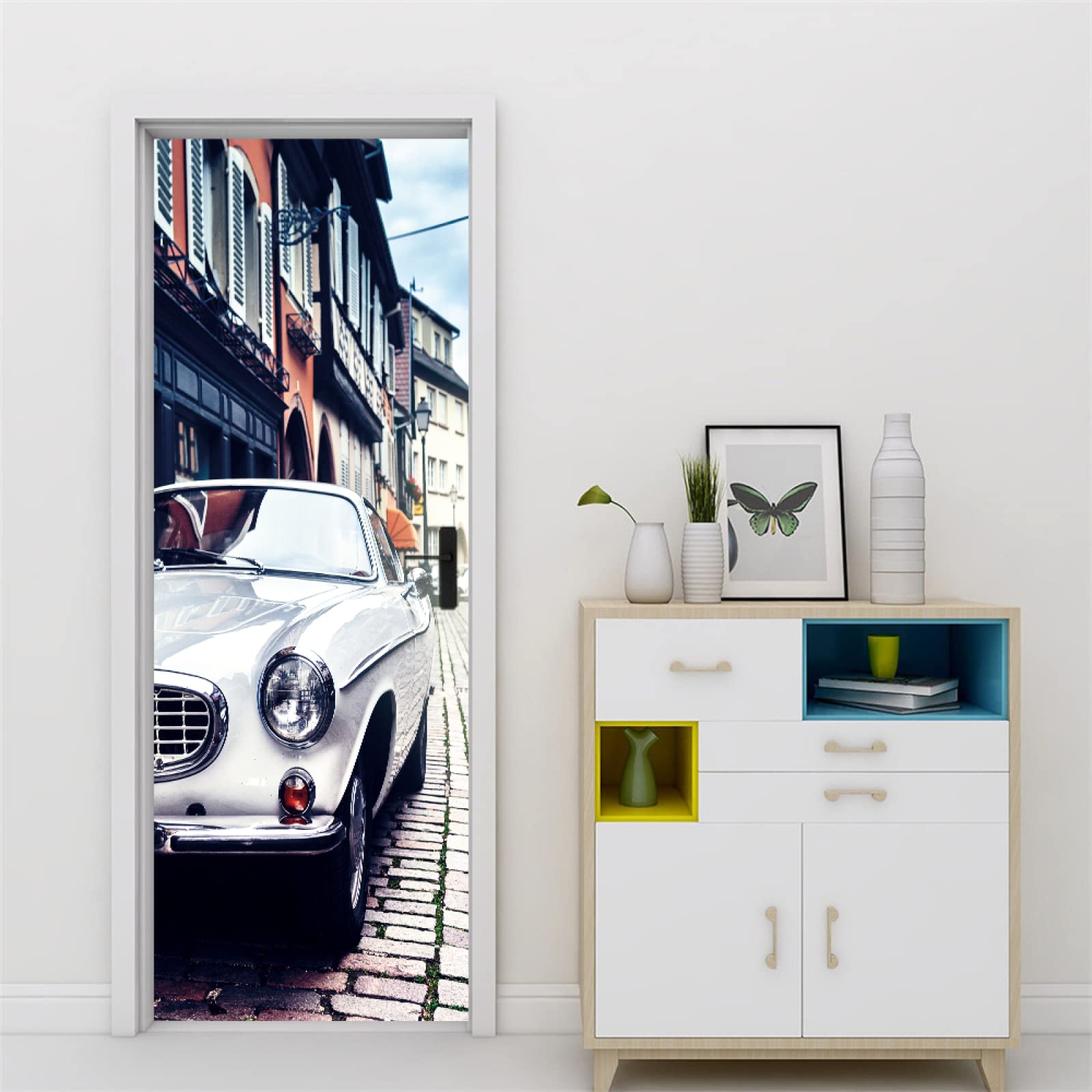Sticker Porte Trompe l'oeil Effect Papier Peint 3D Voiture de rue pour Porte intérieure Bureau Chambre à Coucher Salon Salle de Bain Pont L100 x H200cm