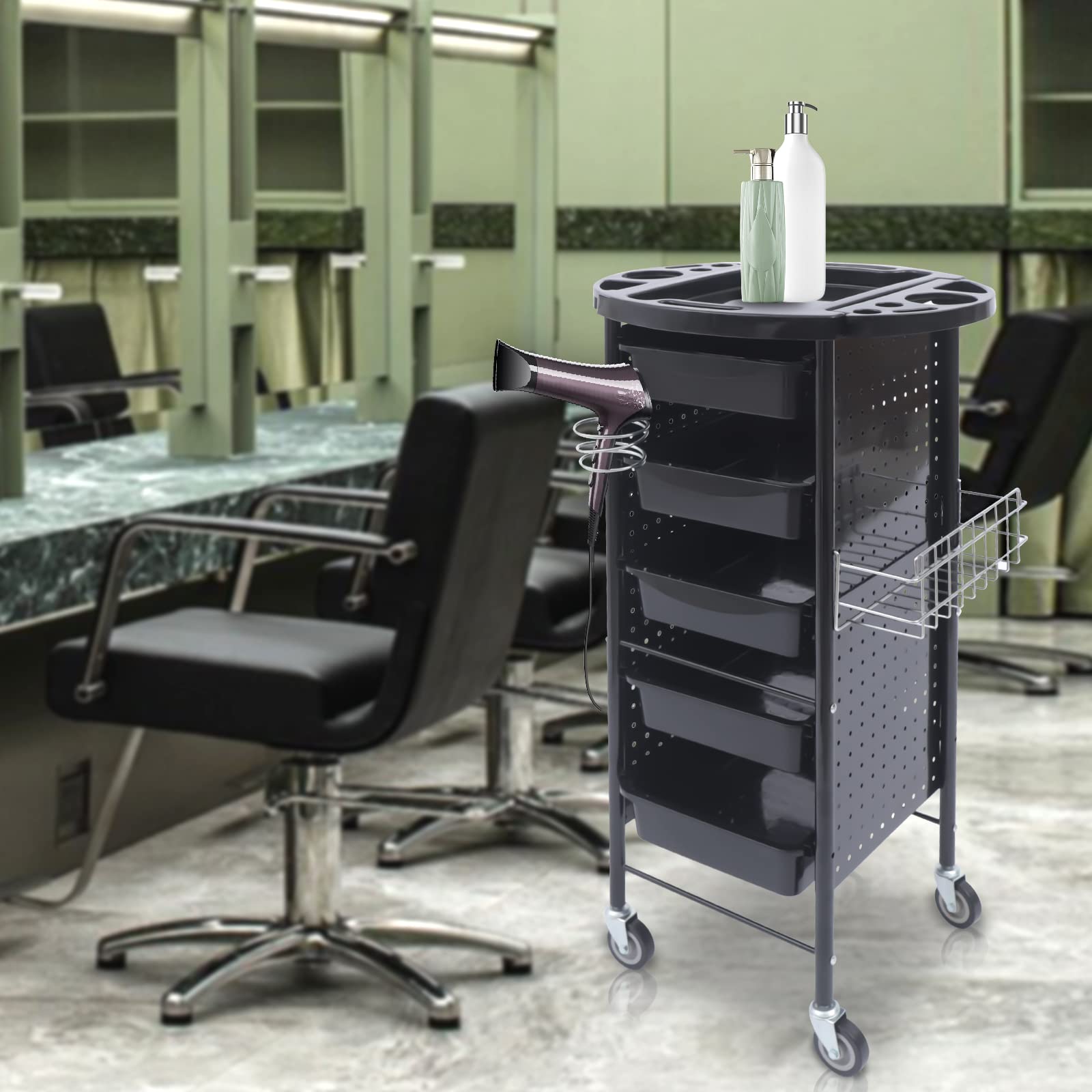 Carro de peluquería profesional con ruedas para cosméticos, carrito de salón con 5 cajones, soporte para secador de pelo, 4 ruedas, encimera multifuncional, independiente para peluquería, salón de