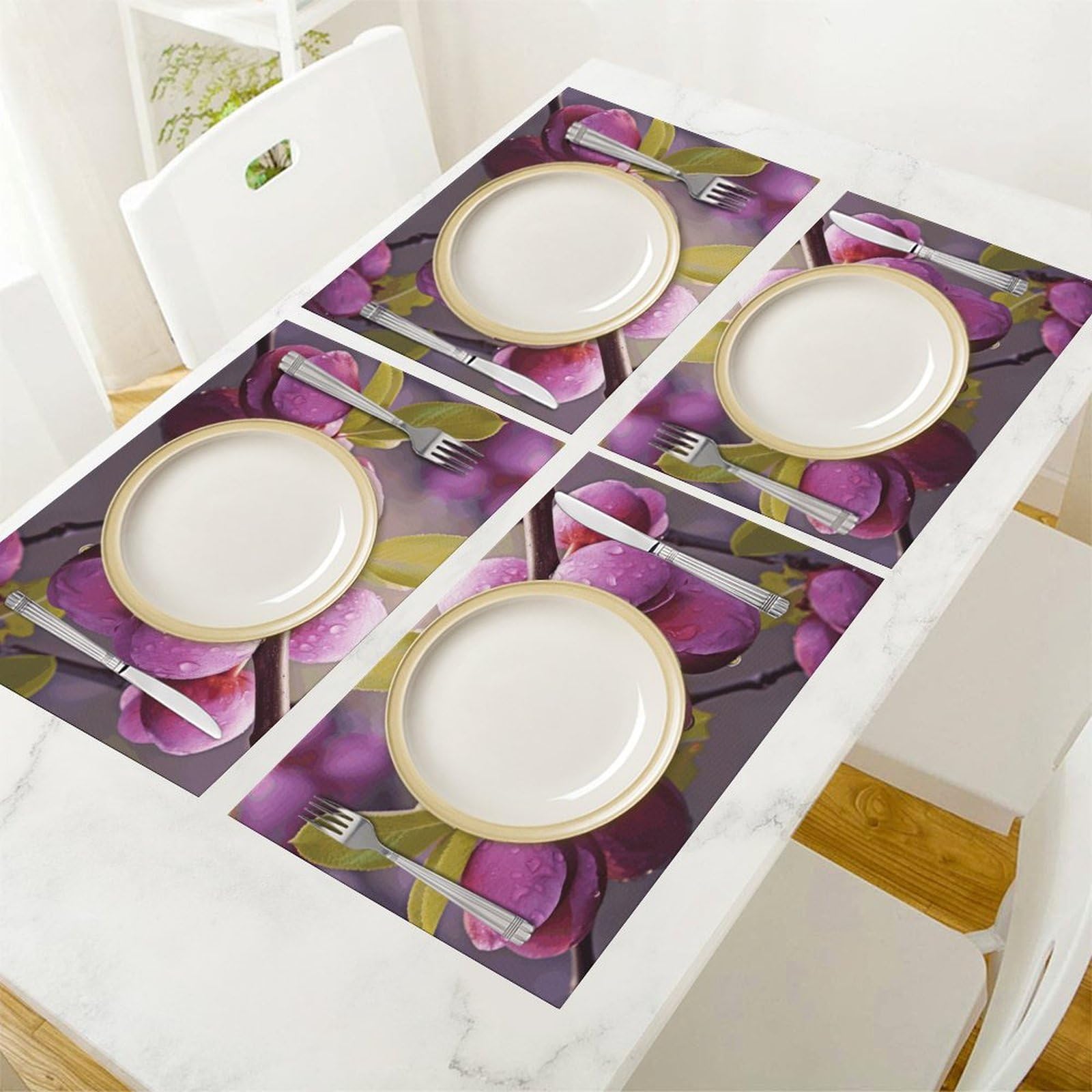 Blooming Plum - Set di 6 tovagliette in PVC, lavabili, resistenti al calore, antiscivolo, impermeabili, per interni ed esterni, tavolo da pranzo, cucina, feste